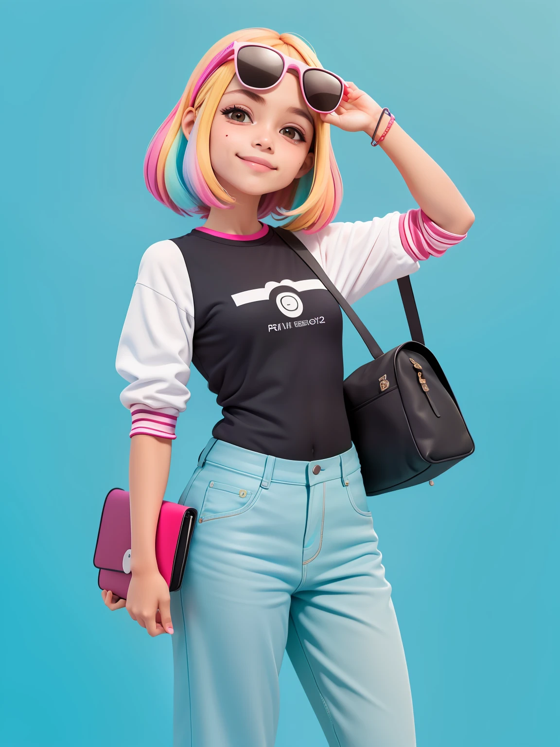 (obra-prima), (melhor qualidade), (ultra-detalhado), (corpo inteiro: 1.2) loli menina morena, sunglasses, touca, moletom preto, pants, jaqueta, blouse, sorriso claro, corpo inteiro, :3, cabelo multicolor, enrolado, encaracolado, crespo moderno, Modern accessories, fundo tom pastel , colorido e simples.