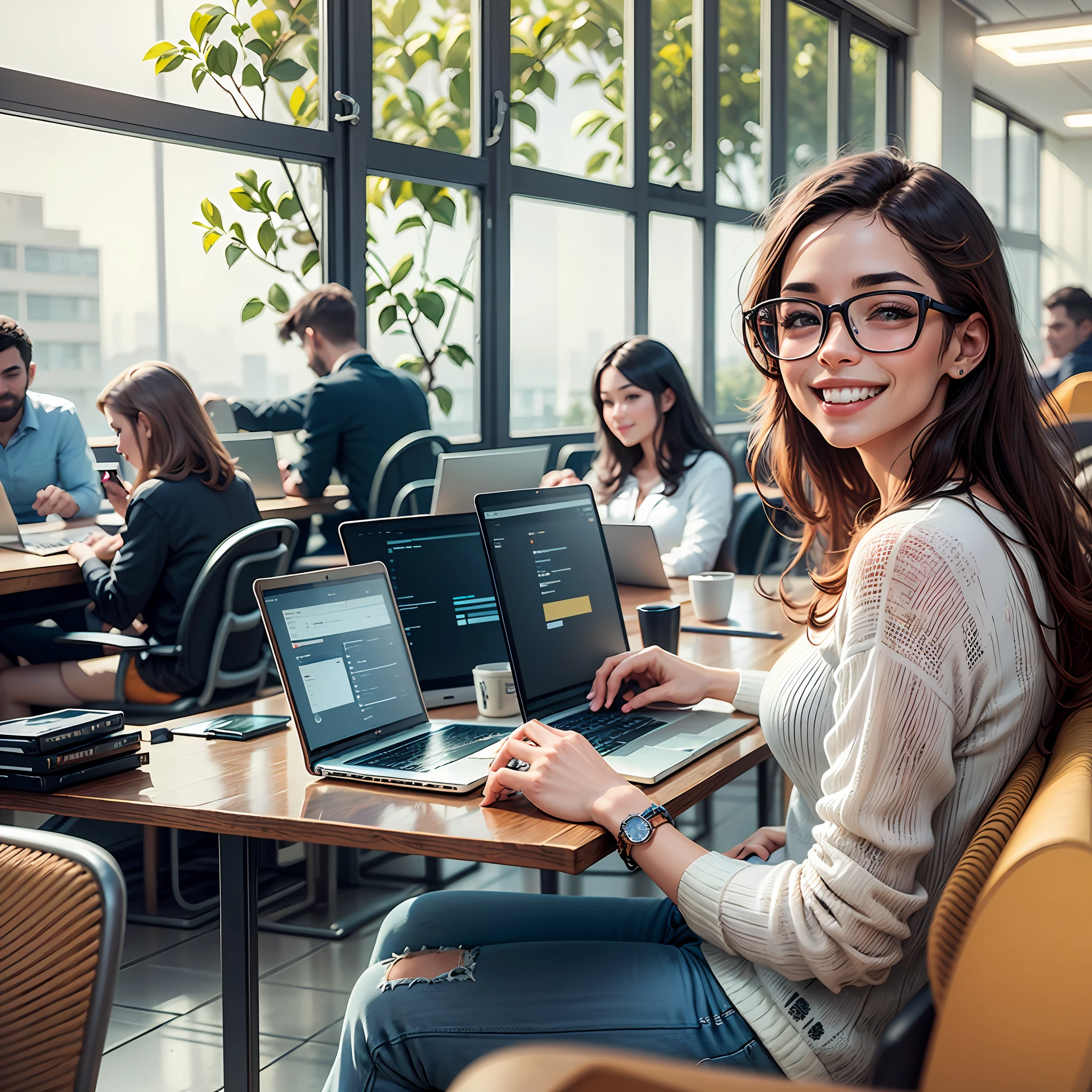 imagens de empreendedores sorridentes, trabalhando em laptops em um ambiente inspirador --auto --s2