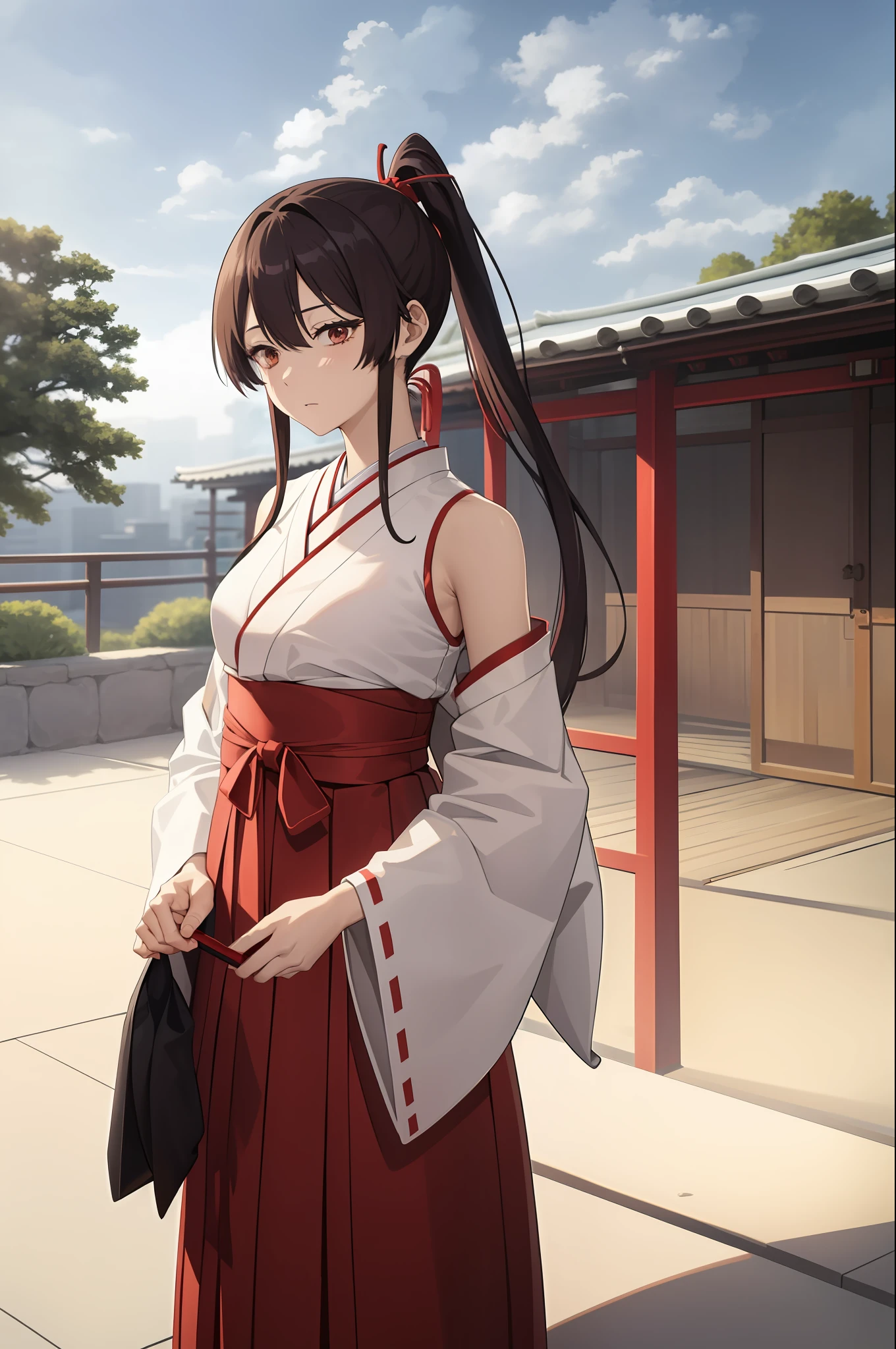 1girl, bangs, bare_shoulders, blue_sky, breasts, brown_eyes, cloud, cloudy_sky, day, detached_sleeves, fence, hair_between_eyes, hair_ribbon, hakama, hakama_skirt, japanese_clothes, kimono, large_breasts, long_hair, looking_at_viewer, obi, railing, red_hakama, red_ribbon, ribbon, sash, shouji, sky, sliding_doors, solo, tree, veranda, white_kimono ((best quality)), ((masterpiece)), (detailed), Sagirin