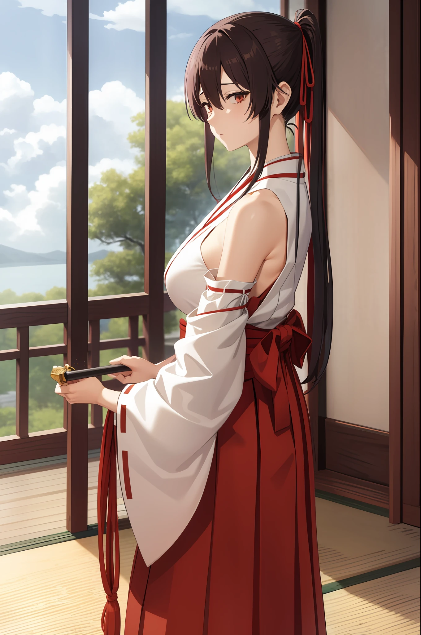 1girl, bangs, bare_shoulders, blue_sky, breasts, brown_eyes, cloud, cloudy_sky, day, detached_sleeves, fence, hair_between_eyes, hair_ribbon, hakama, hakama_skirt, japanese_clothes, kimono, large_breasts, long_hair, looking_at_viewer, obi, railing, red_hakama, red_ribbon, ribbon, sash, shouji, sky, sliding_doors, solo, tree, veranda, white_kimono ((best quality)), ((masterpiece)), (detailed), Sagirin