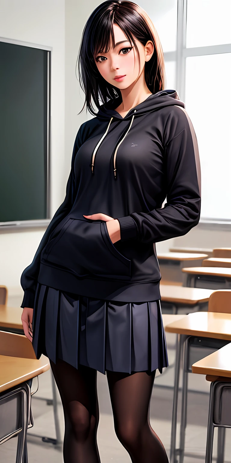 best quality, ultra high res, classroom, (photorealistic:1.4), 1girl, black hair, cropped hoodie, pleated skirt, pantyhose