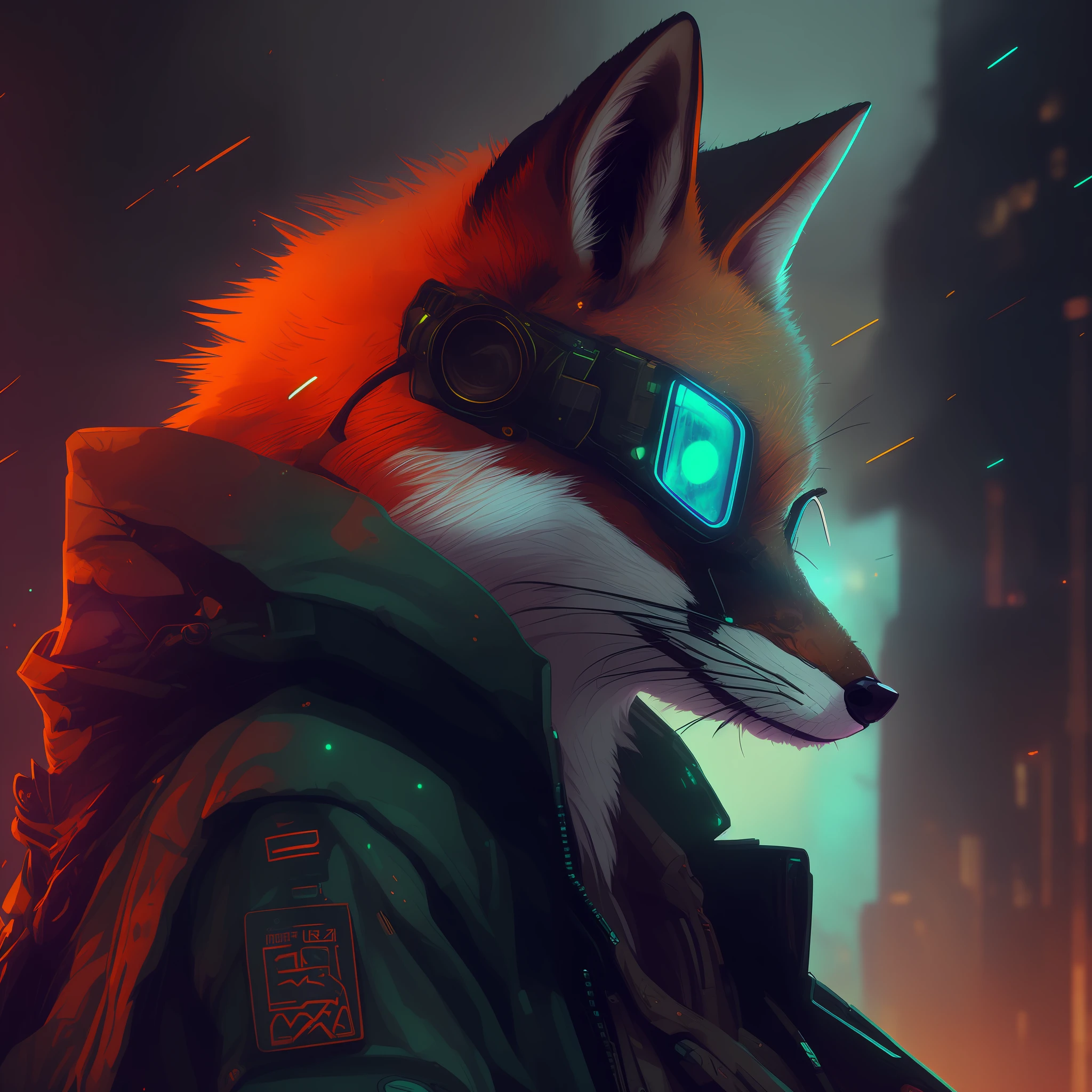 there is a fox wearing goggles and a jacket in the dark, an anthropomorphic cyberpunk fox, wojtek fus, portrait of an anthro fox, digital green fox, furry character portrait, digital fox, by Adam Marczyński, cyberpunk art style, furry fantasy art, furry digital art, hyper-realistic cyberpunk style