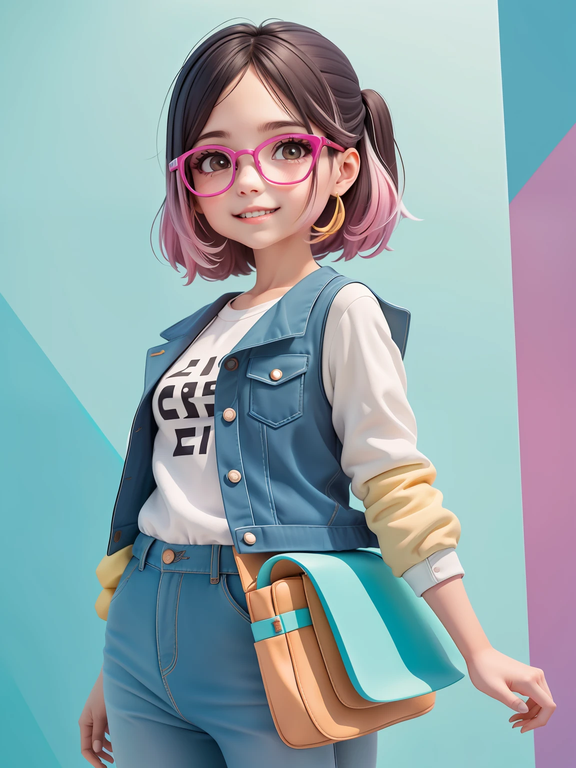 (obra-prima), (melhor qualidade), (ultra-detalhado), (corpo inteiro: 1.2) loli menina loira claro, Eyeglasses, touca, moletom preto, pants, jaqueta, blouse, sorriso claro, corpo inteiro, :3, cabelo multicolor, enrolado, encaracolado, crespo moderno, Modern accessories, fundo tom pastel , colorido e simples.