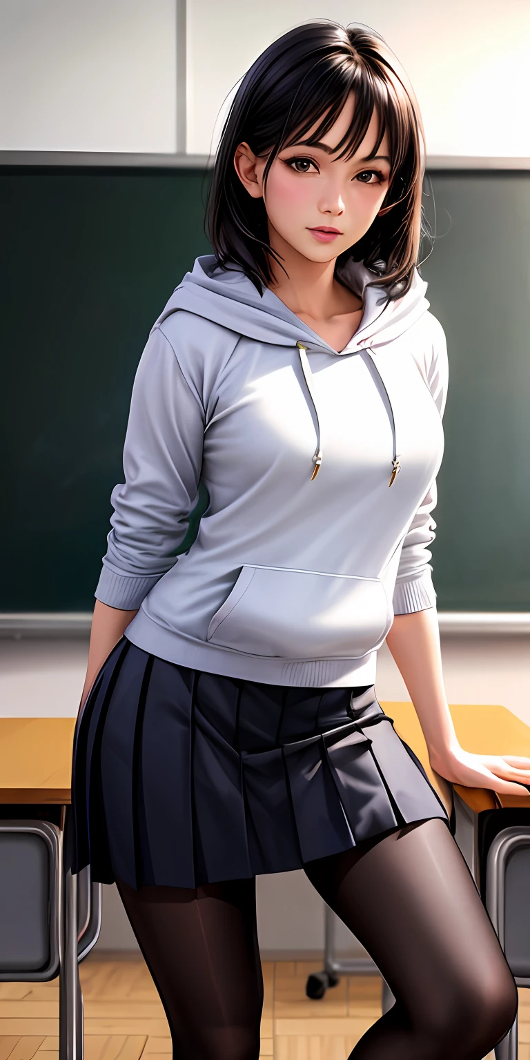 best quality, ultra high res, classroom, (photorealistic:1.4), 1girl, black hair, cropped hoodie, pleated skirt, pantyhose