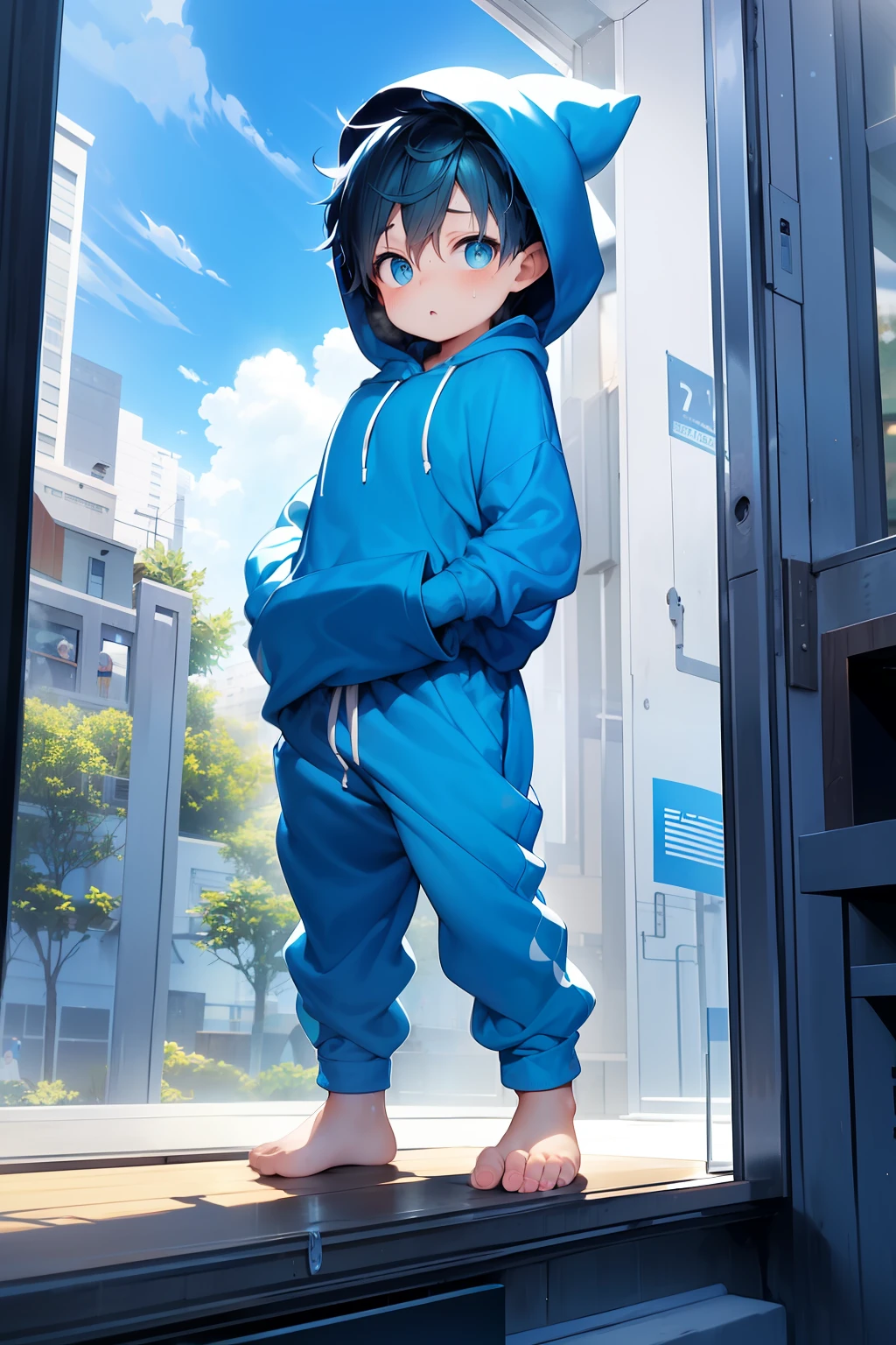 1 boy with Blue hair and shiny bright green eyes and barefoot and small feet wearing a oversized hoodie and sweatpants sitting on a window ledge, blushing, drooling, young, boy, child,l, toddler, ti feet, (sweatpants:1.4), (young:1.4), (child:1.4), (shota:1.4), (hoodie:1.4),