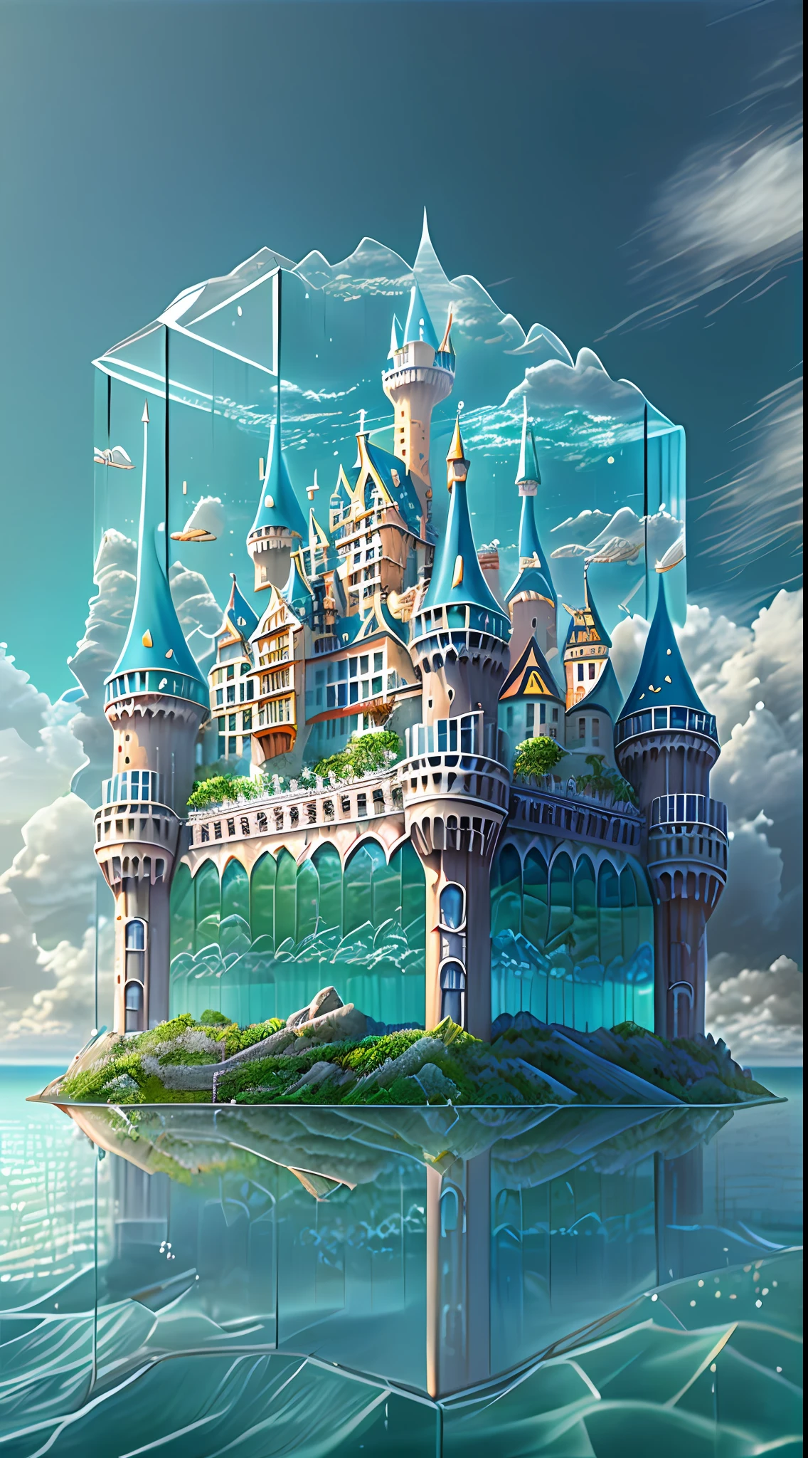 "(A castle made of glass Floating in the sky:1.2), majestic, cloud, (underneath we see a beautiful ocean with waves), (best quality:1.3), (highres:1), (incredible:1.3), (perfect:1.3), (perfection:1.3), (detailed:1.3) art of 3D Studio " floating