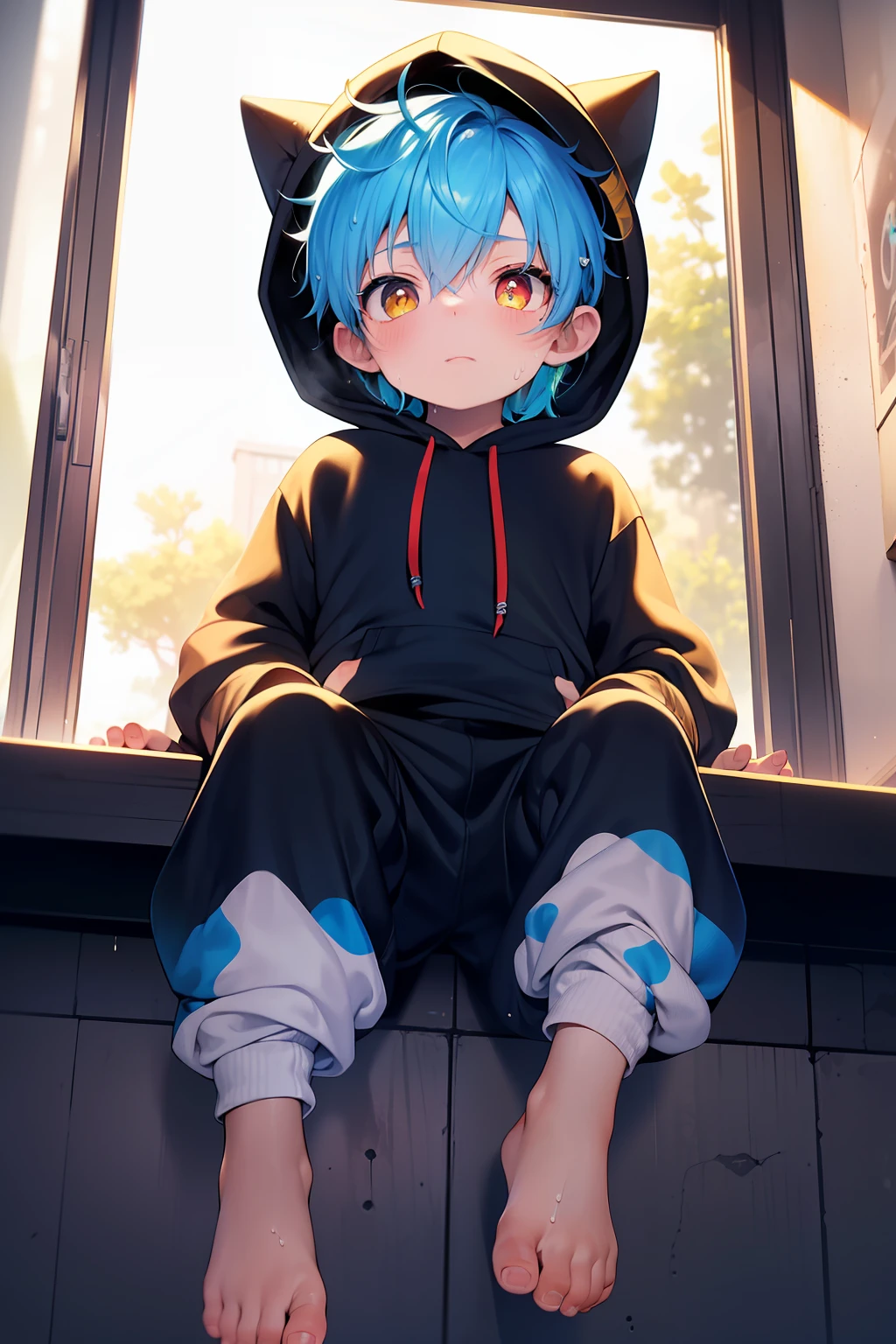 1 Little boy with rainbow hair and shiny bright golden eyes and barefoot and small feet wearing a oversized hoodie and sweatpants sitting on a window ledge, blushing, young, boy, child, small, toddler, tiny feet, (sweatpants:1.4), (young:1.4), (child:1.4), (shota:1.4), (hoodie:1.4),