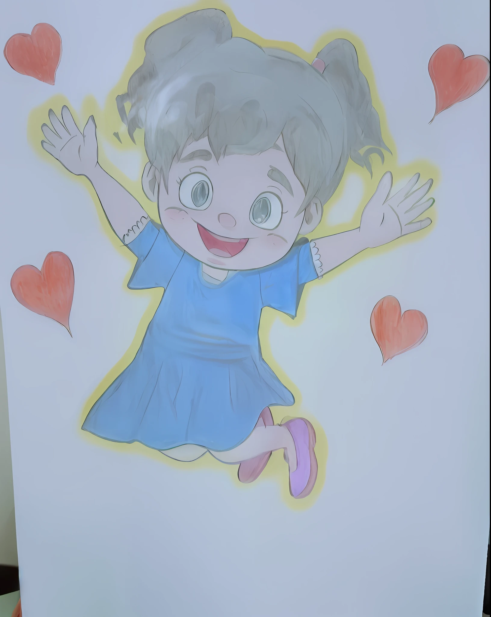 Drawing of a girl with a blue dress and pink shoes jumping with hearts, a colored pencil sketch, arte em pastel, [ arte digital ]!!, desenho colorido, desenho bonito, arte tradicional, desenho dos desenhos animados, arte digital!!, in cartoon style, ela expressando alegria, Feliz!!!, Fanart, arte pastel, menina feliz , desenho de livros infantis, she is floating in the air