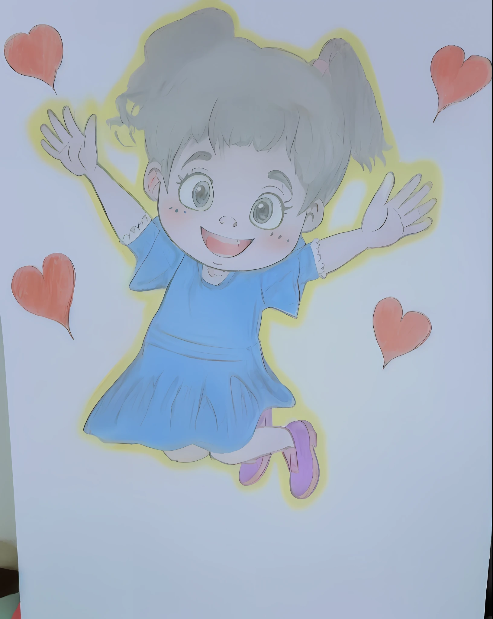 Drawing of a girl with a blue dress and pink shoes jumping with hearts, a colored pencil sketch, arte em pastel, [ arte digital ]!!, desenho colorido, desenho bonito, arte tradicional, desenho dos desenhos animados, arte digital!!, in cartoon style, ela expressando alegria, Feliz!!!, Fanart, arte pastel, menina feliz , desenho de livros infantis, she is floating in the air