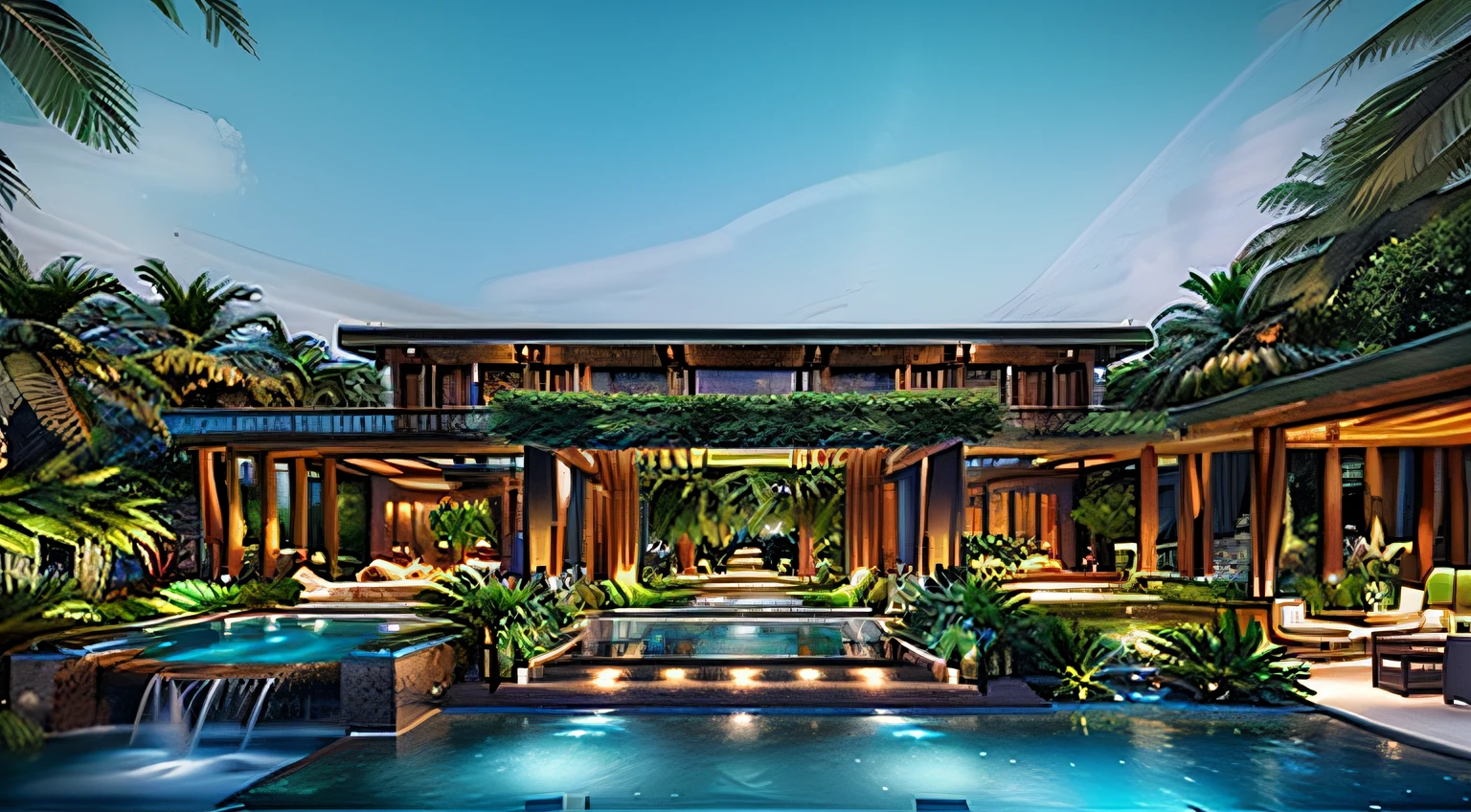 A tropical garden with various plants and palm trees surrounding a loft-style house with a large veranda and terrace with flowers. Garden with flowers next to a walkway made of natural stones. Artificial pond with fish and small waterfalls inside the garden. Clear sky with few clouds. Realistc photo 8k.