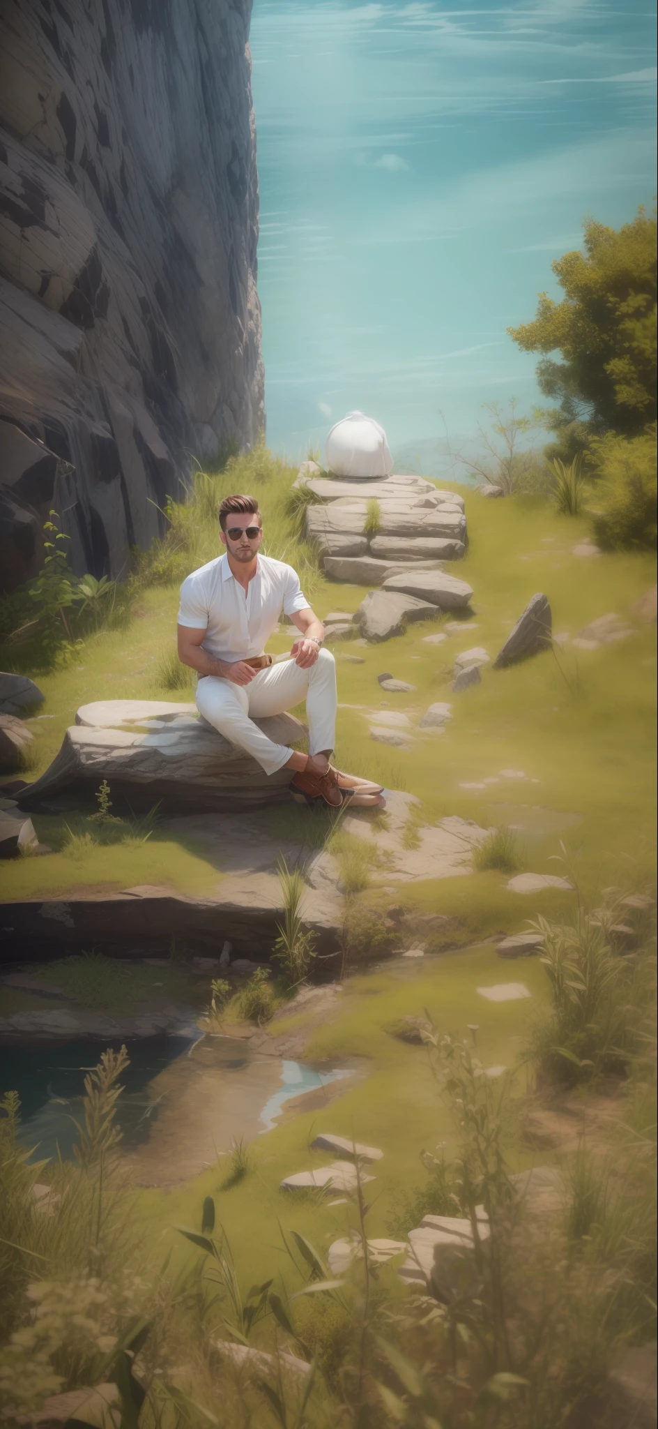 Handsome man wearing white shirt and white pants.  He is sitting on a large rock on top of a mountain. From the mountain you can see a large valley. Hyper-detailed. Photorealist. 8k