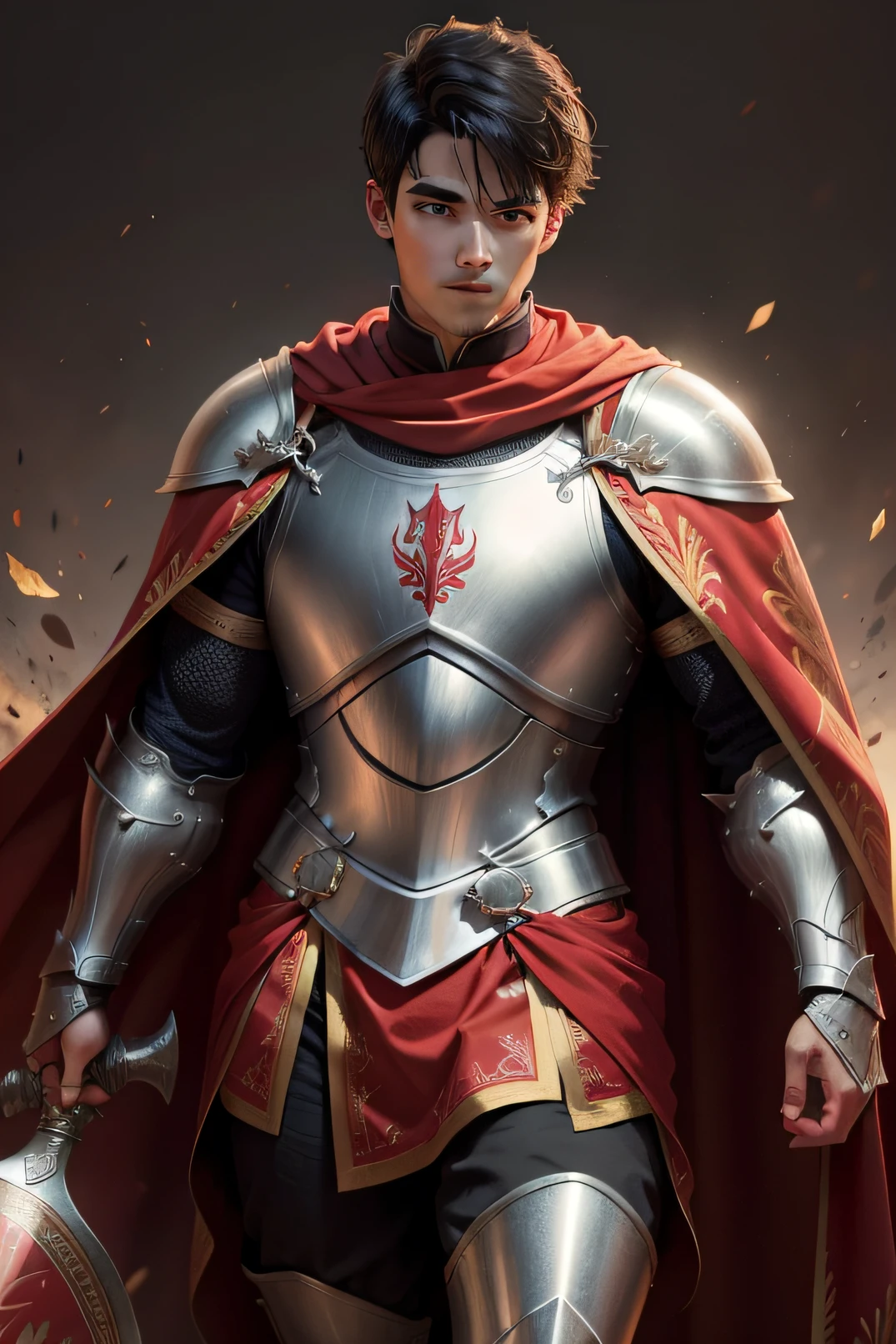 A male knight in armor，The armor is thick and patterned，There is a cape，Holding a red epee，magicle world，Whole body diagram，with short black hair，