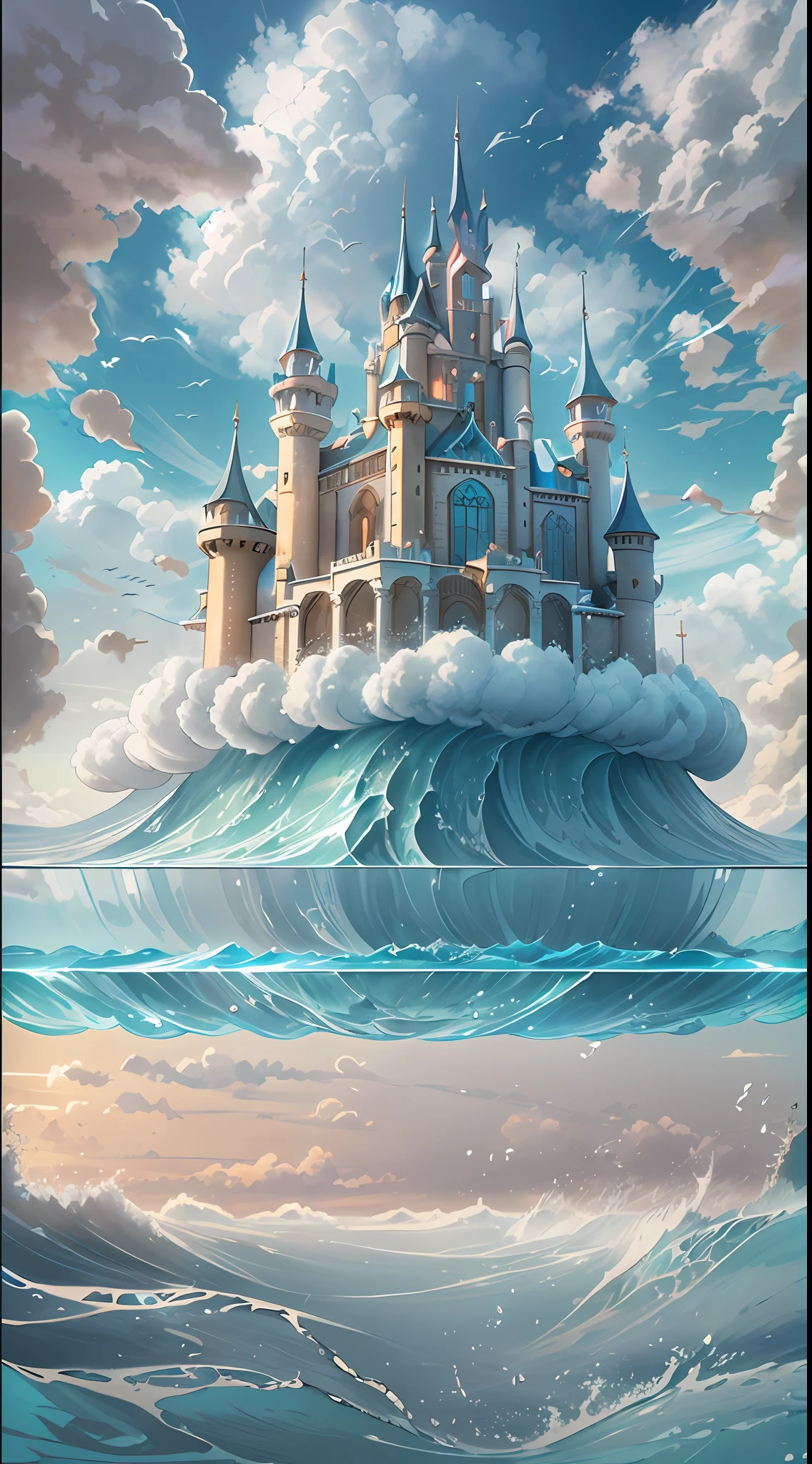 "(Floating in the air majestic cloud castle with walls made of glass), underneath we see a (beautiful ocean with big waves)  with the (best quality:1.3), (highres:1), (incredible:1.3), (perfect:1.3), (perfection:1.3), (detailed:1.3) art of 3D Studio "