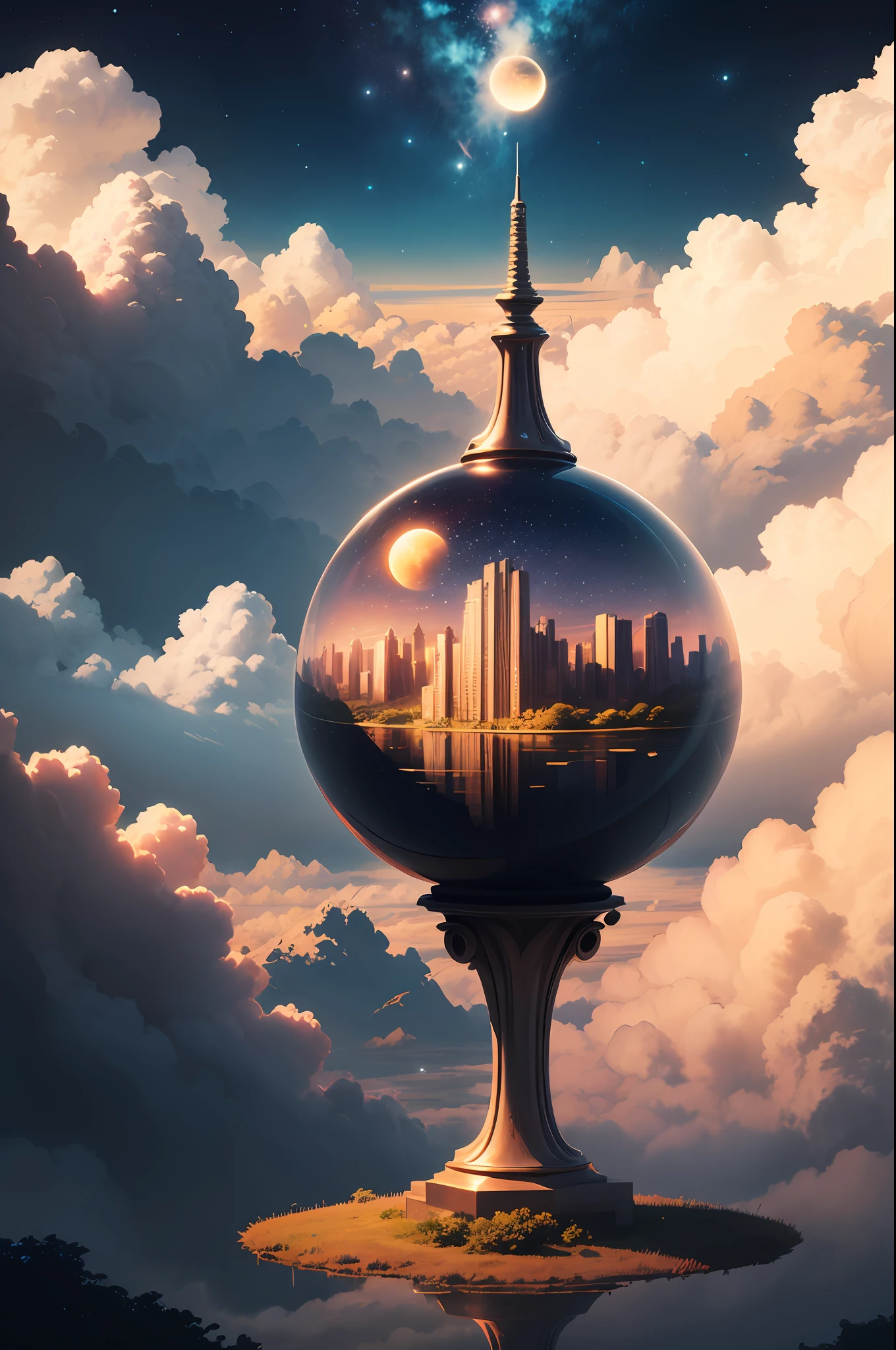 in style of logo design , ,City on the Clouds，lotuses，starrysky，the night，Genesis