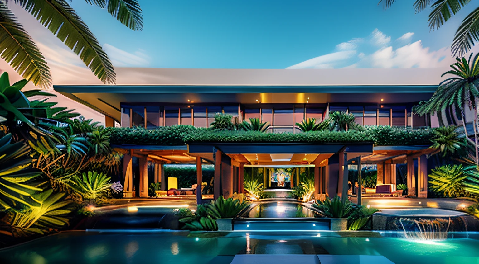 A tropical garden with various plants and palm trees surrounding a loft-style house with a large veranda and terrace with flowers. Garden with flowers next to a walkway made of natural stones. Artificial pond with fish and small waterfalls inside the garden. Clear sky with few clouds. Realistc photo 8k.