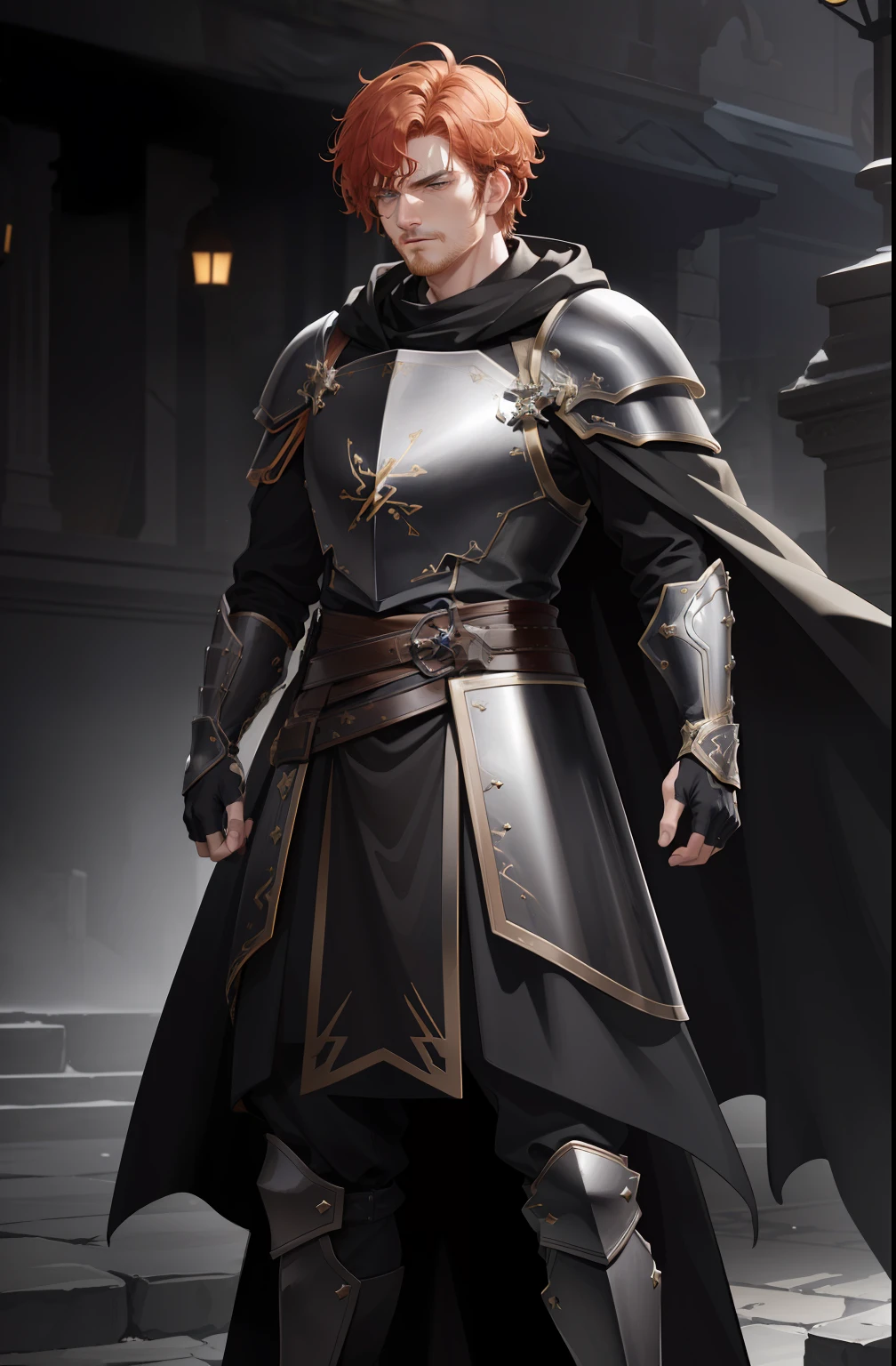 a man with short curly ginger hair, gorgeous, angry, wearing a full plate armor, black cape, cloak, dnd style, horror \(theme\),(skindentation:1.5), Realistic, Photorealistic, (masterpiece:1.5), concept art, intricate details, highly detailed, photorealistic, octane render, 8k, unreal engine, dynamic pose, best quality, highres, (realistic face:1.1), (hyperrealistic:1.1), ((full_body)), perfect eyes,(shiny skin:1.2), (((hairstyle))), (((perfect hands))), (extremely detailed background), ((dynamic background)), ((lightning)), (light rays), (((flowing cloak))), ((detailed eyes, high quality eyes, high quality face)), (extremely intricate armor, full plate armor), epic, battlefield, depth of field, bokeh, 4k, gothic, ember, particles