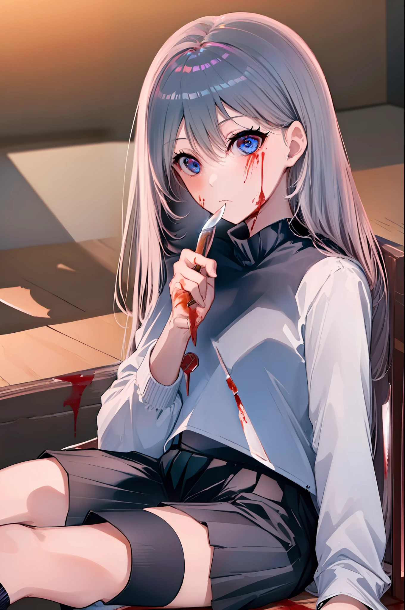 (((((obra-prima))))), (((((melhor qualidade))))), High, ((((1Kei)))), ((((((((((She's sitting in a wooden chair)))))))))), ((((((Ultra-detailed blue hands and eyes and knife)))))), ((((1girl)))), ((Formoso)), ((((((((((Knee length black skirt and long black socks)))))))))), ((((((cabelo longo)))))), ((((((((((Sorriso sombrio feminino e cativante)))))))))), ((((((((((She has a knife in her right hand with blood)))))))))), ((((((((((sangue)))))))))), ((((sozinha)))), ((((((Uma garota com cabelo grisalho longo e olhos azuis)))))), (((fita))), (((franja))), (((鎖骨))), ((((cabelo grisalho)))), (((faixa de cabelo preta))), (((neck ribbon))), (((cabelo entre os olhos))), ((((middlebreasts)))), ((((There is only one person)))), ((((adolescente de 15 anos)))), (((uniforme escolar feminino camisa branca jaqueta preta jaqueta aberta saia preta longa))), ((corpo completo anatomicamente correto)), (((pernas femininas normais cruzadas))), ((usa sapatos pretos)), ((Detailed full scenario)), ((mystery)), ((Tempo tenso)), ((Postura equilibrada)), blush sutil | | | | | | | | |, Pingente de cristal BREAK golden hour, (Rim lighting): 1.2, tons quentes, Brilho lunar, sombras suaves, noite, cores vibrantes, painterly effect, dreamy atmosphere BREAK scenic lake, montanhas distantes, salgueiro, calm water, reflection, nuvens iluminadas pela lua, (((Dark scenery and terror))), (((((Vista de corpo inteiro e escenario completamente detalhado))))), (((pegue a chave))), Ultra Detalhado, Arte Oficial, Unity 8k papel de parede, Zentangle, mandala