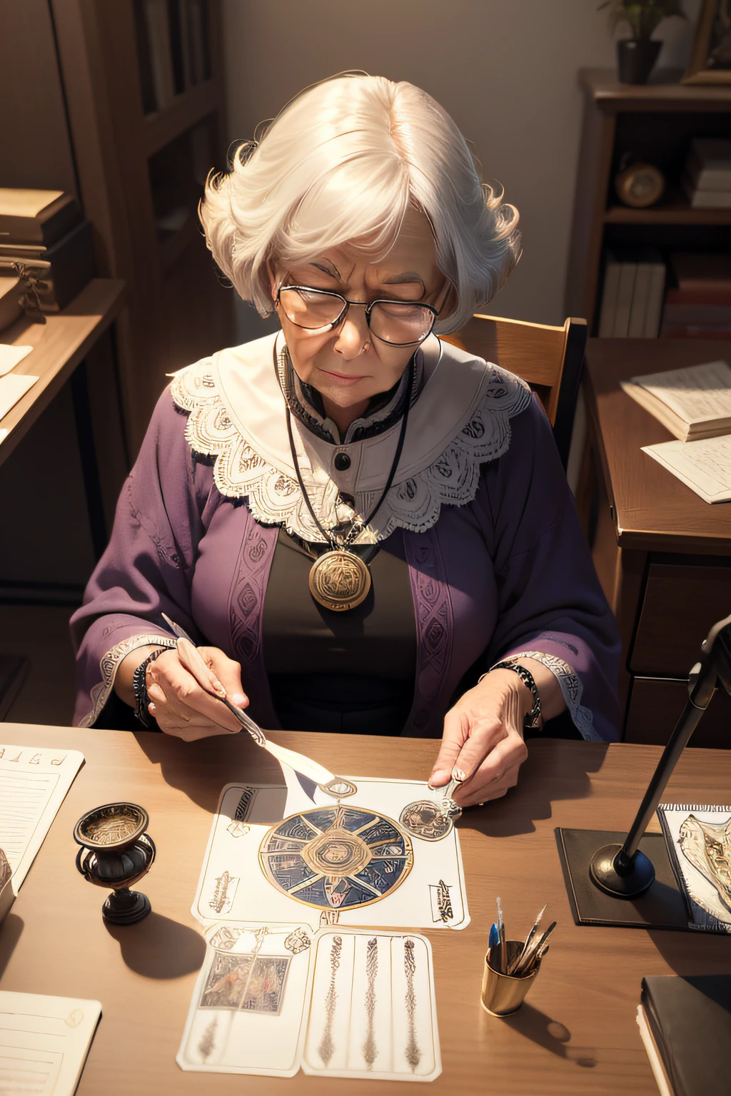 grandma behing a desk giving a tarot reading