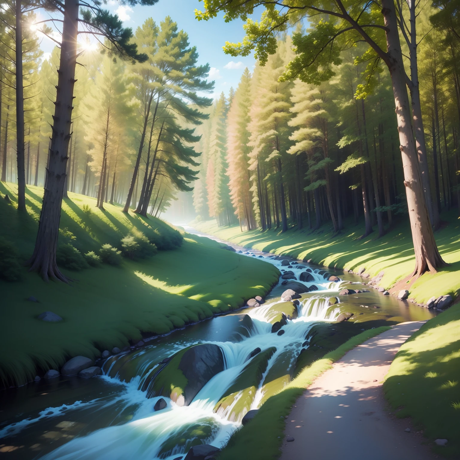 High-resolution landscape, trees, rivers, forests, beautiful and crisp paths, detailed spaces with vivid colors, show light colors, sunny blue sky, 4K resolution, moments of Glory, shimmering image, kodak image