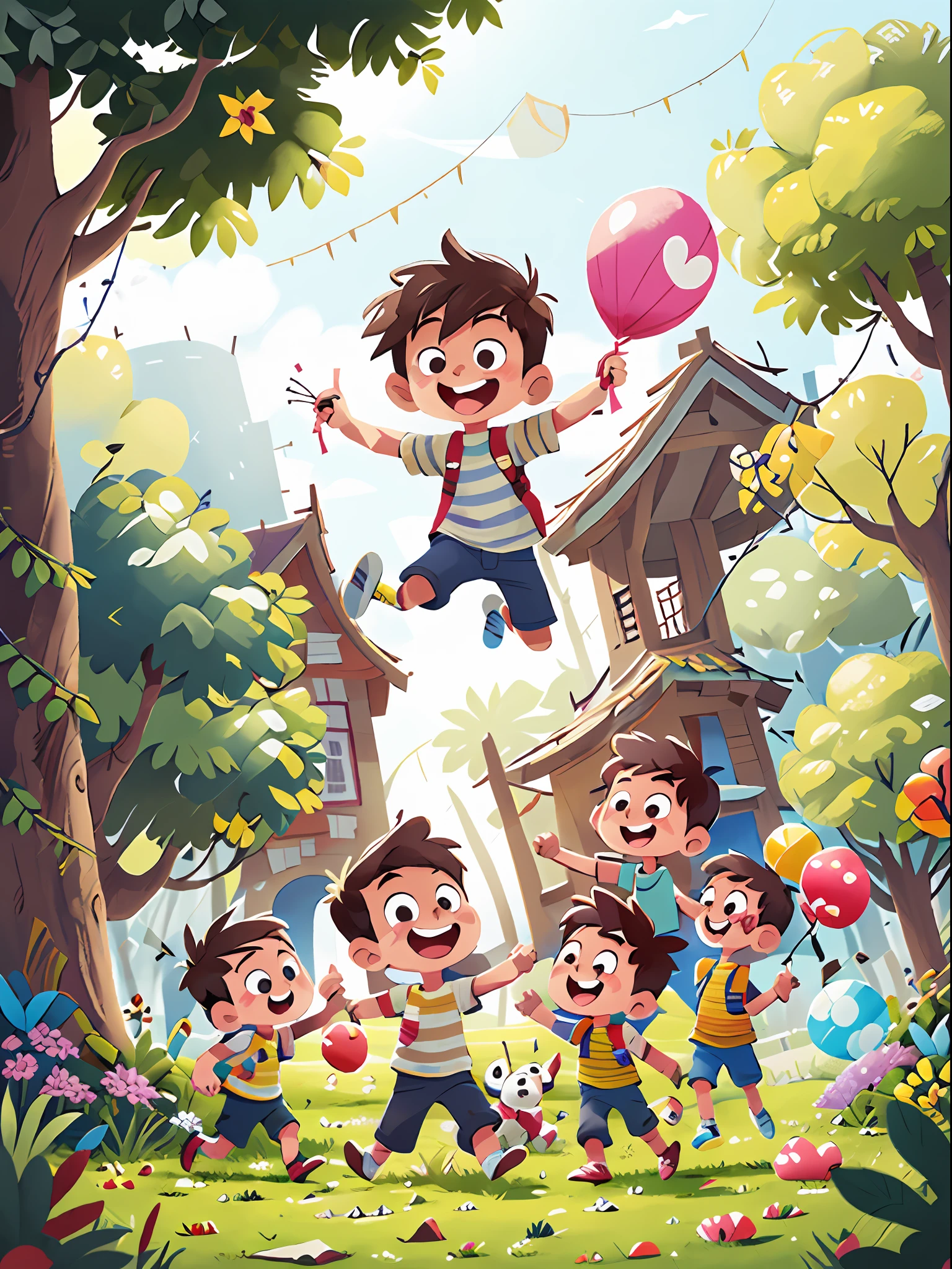 Poster making, Children's Day, in the amusement park, a little boy holding a balloon, happy, jumping, happy --v 6