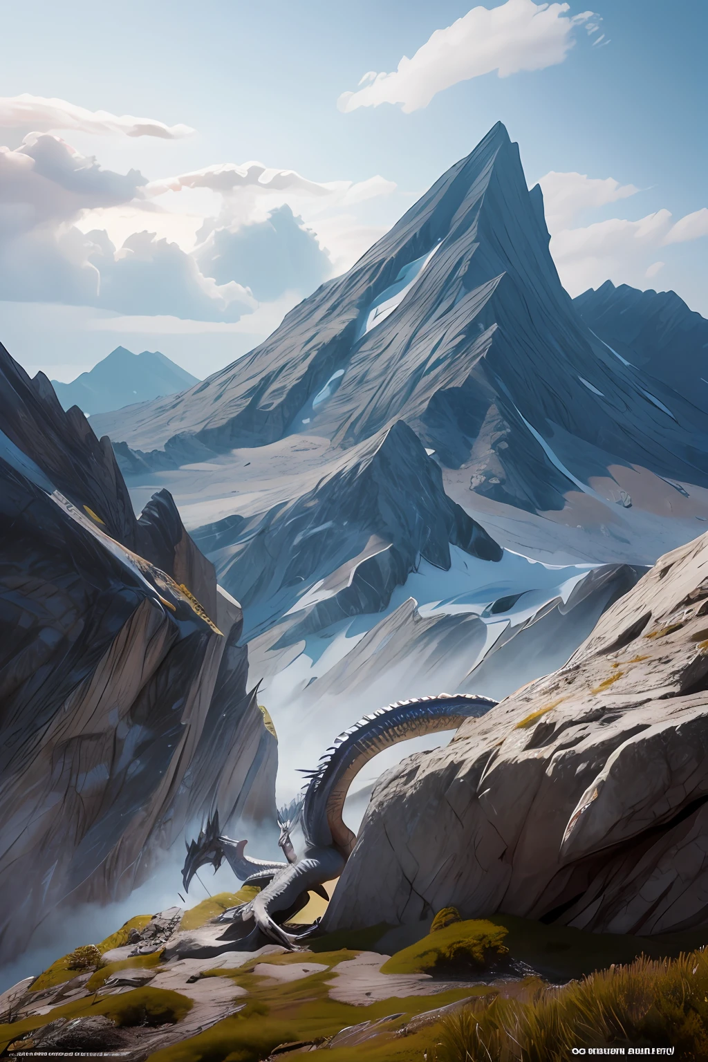 Silver colored dragon on a mountain Hyper-realistic D & d fantasy art, realistic fantasy illustration, d & D Arte Digital Fantasia, Arte de fantasia hiperrealista, arte fantasia behance, Arte de fantasia 4k, arte de fantasia realista.
