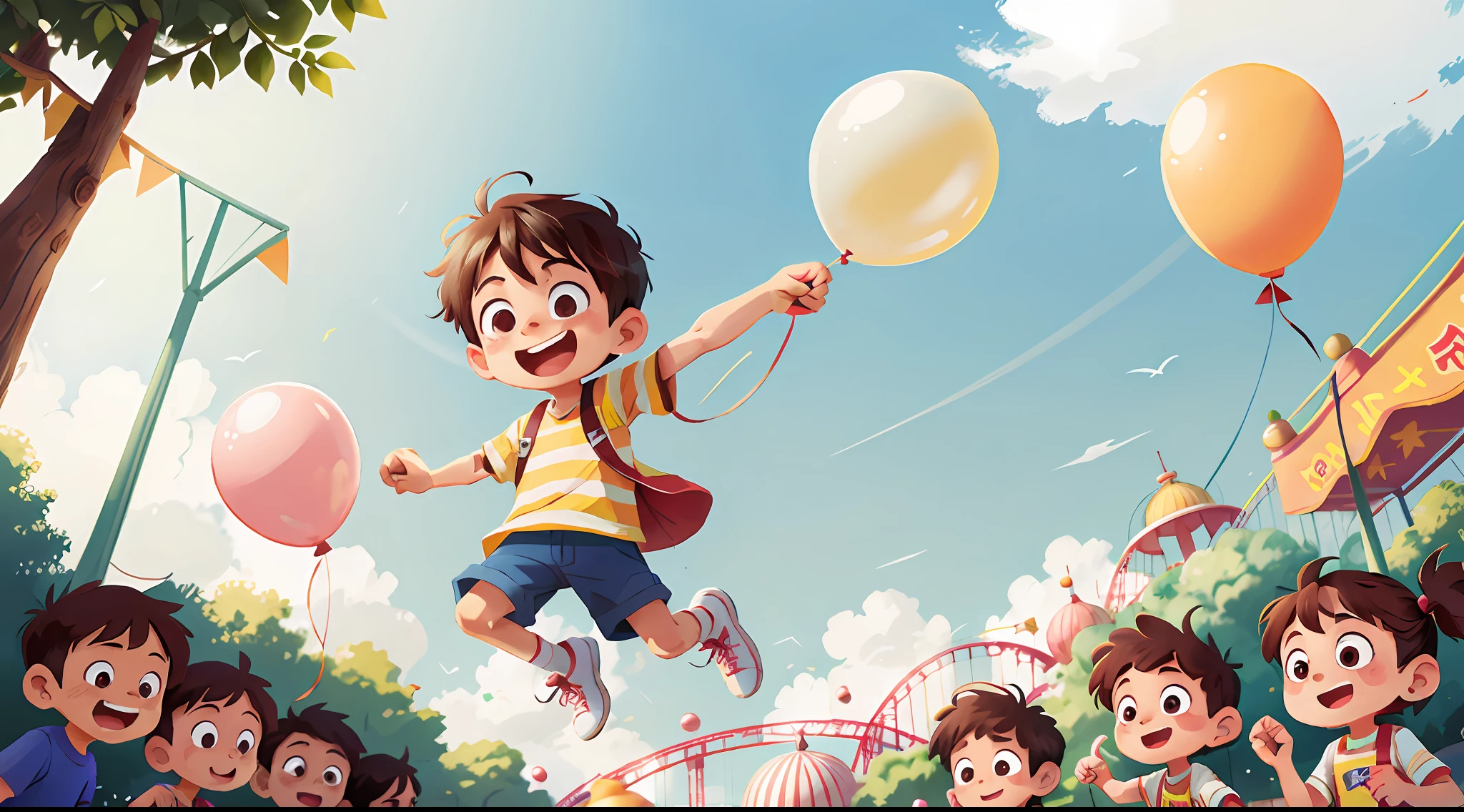 Poster making, Children's Day, in the amusement park, a little boy holding a balloon, happy, jumping, happy --v 6