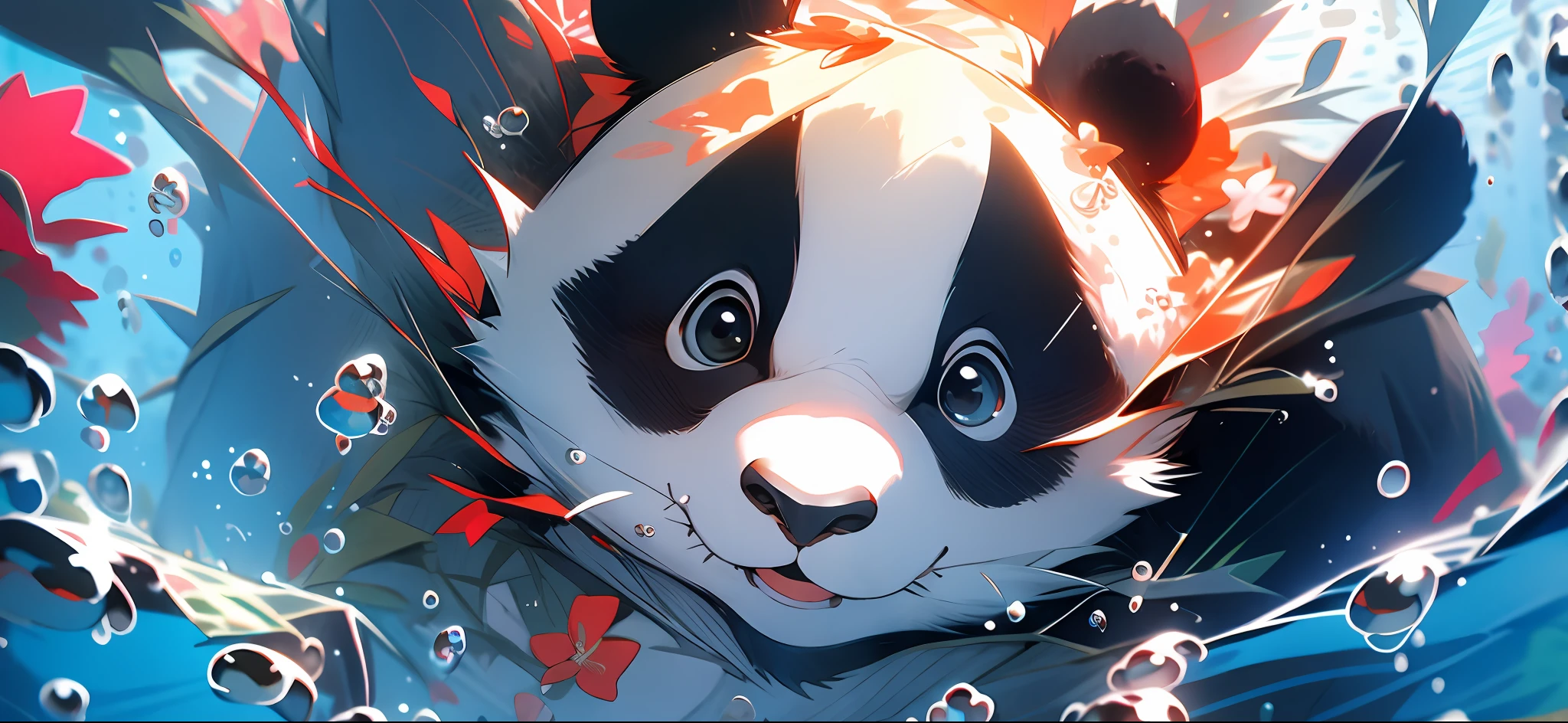 1 panda bonito, Closeup do rosto, retrato, peludo, Folhas, Nobodies, underwater, Bolhas, Bolhas, Mais detalhes, cores ricas, sorriso bonito, best quality, 8k, high saturation