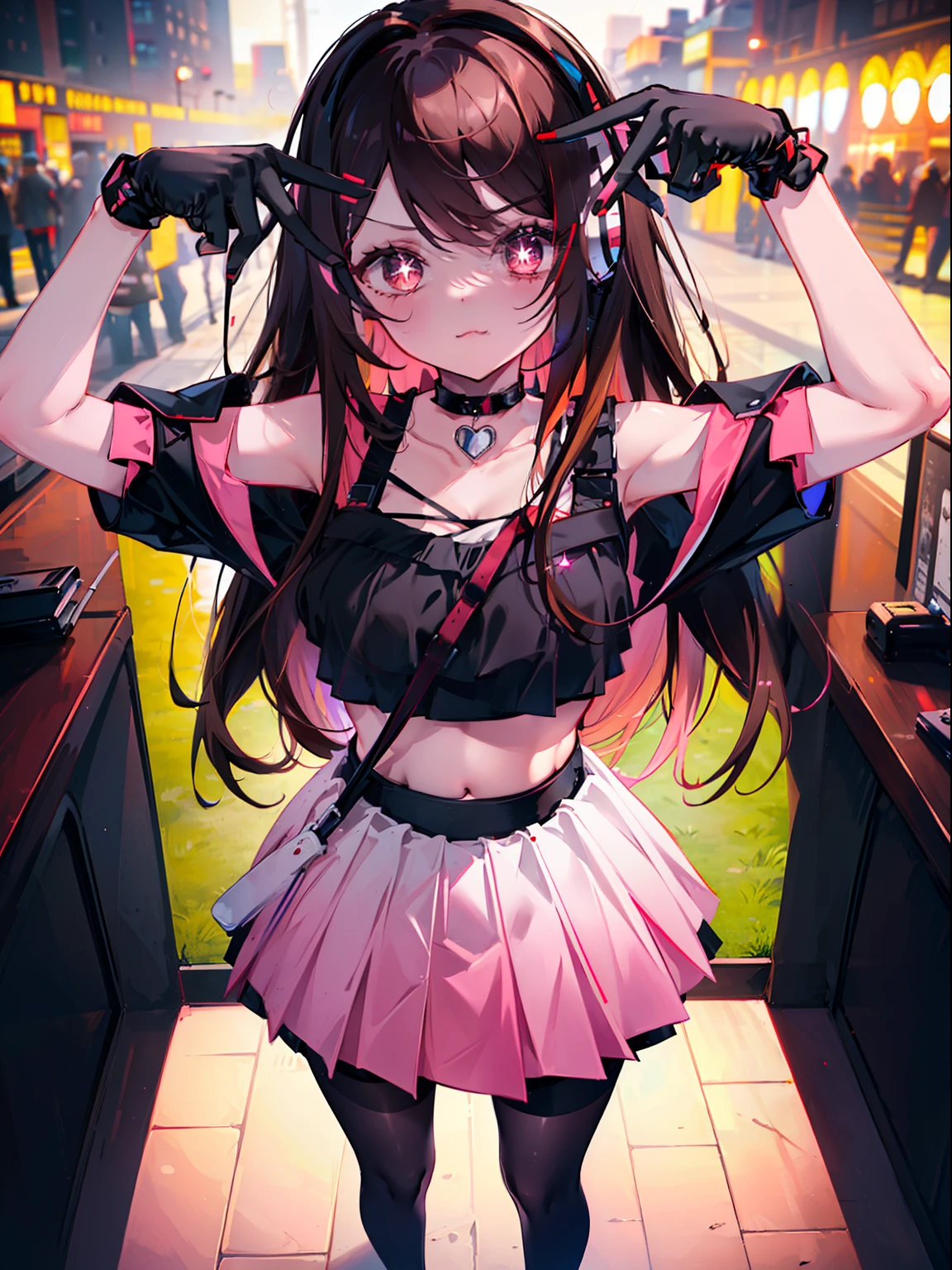 ((Masterpiece, highest quality)), (Best Picture:1.2), (Best Quality:1.3),finely detail, full body, Standing, detailed face, full of details, highly detailed, depth, 1girl, girl in a skirt and headphones, :3, long hair, bangs, multicolored hair, two-tone hair, gradient hair, [[brown hair]], brown hair with pink tips, [[[[[[pink hair]]]]]], black crop top, red skirt, pleated skirt, gloves, stockings, red shoes, black choker, red eyes, star (symbol), star-shaped pupils