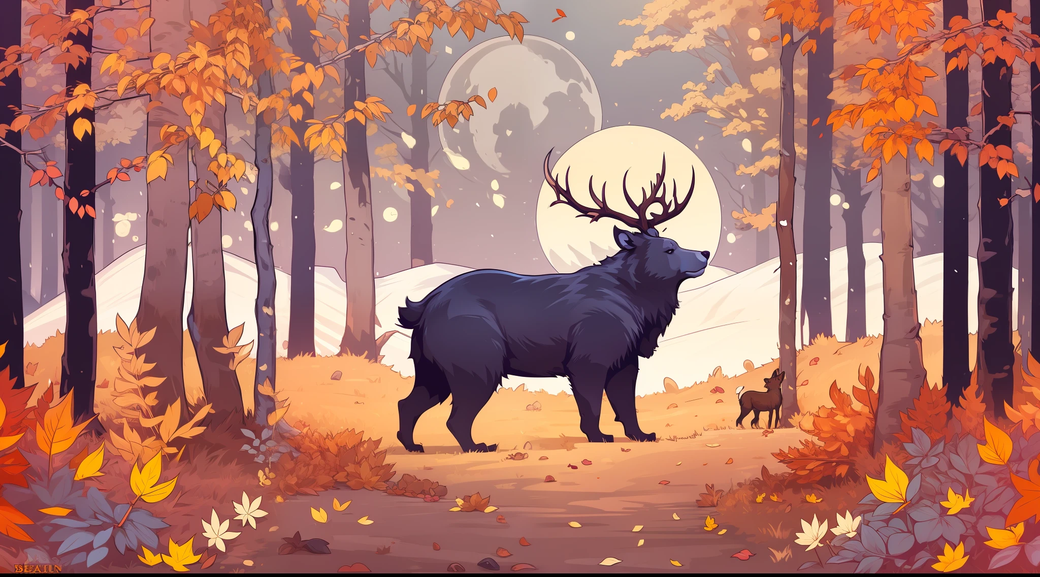 The Bear and the Deer, in the autumn forest, beautiful landscape, crisp details, a big moon