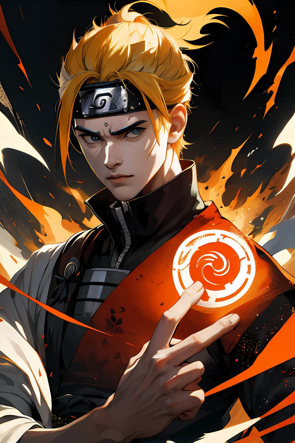 (absurdos, highres, ultra detalhados), Naruto uzumaki detalhados e rosto detalhado, extremamente detalhado CG unidade 8k papel de parede, detalhes intrincados, (estilo-swirlmagic:1.0), olhando para o espectador, solo, parte superior do corpo, fundo detalhado, close-up, rosto detalhado, (tema samurai 1.1), dinamic pose, earth themed clothes,