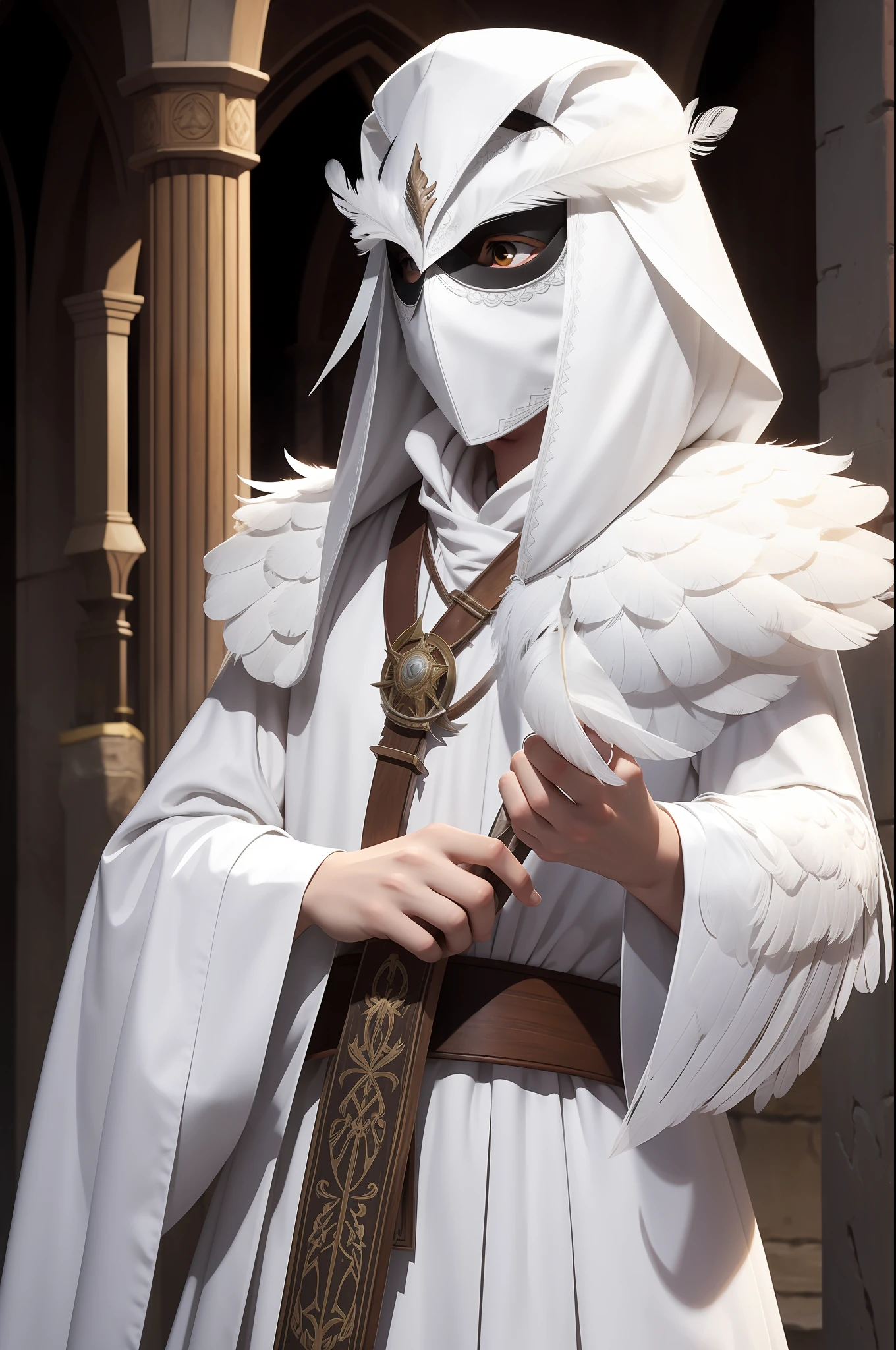 white feather owl, white theatre mask, cleric, RPG character