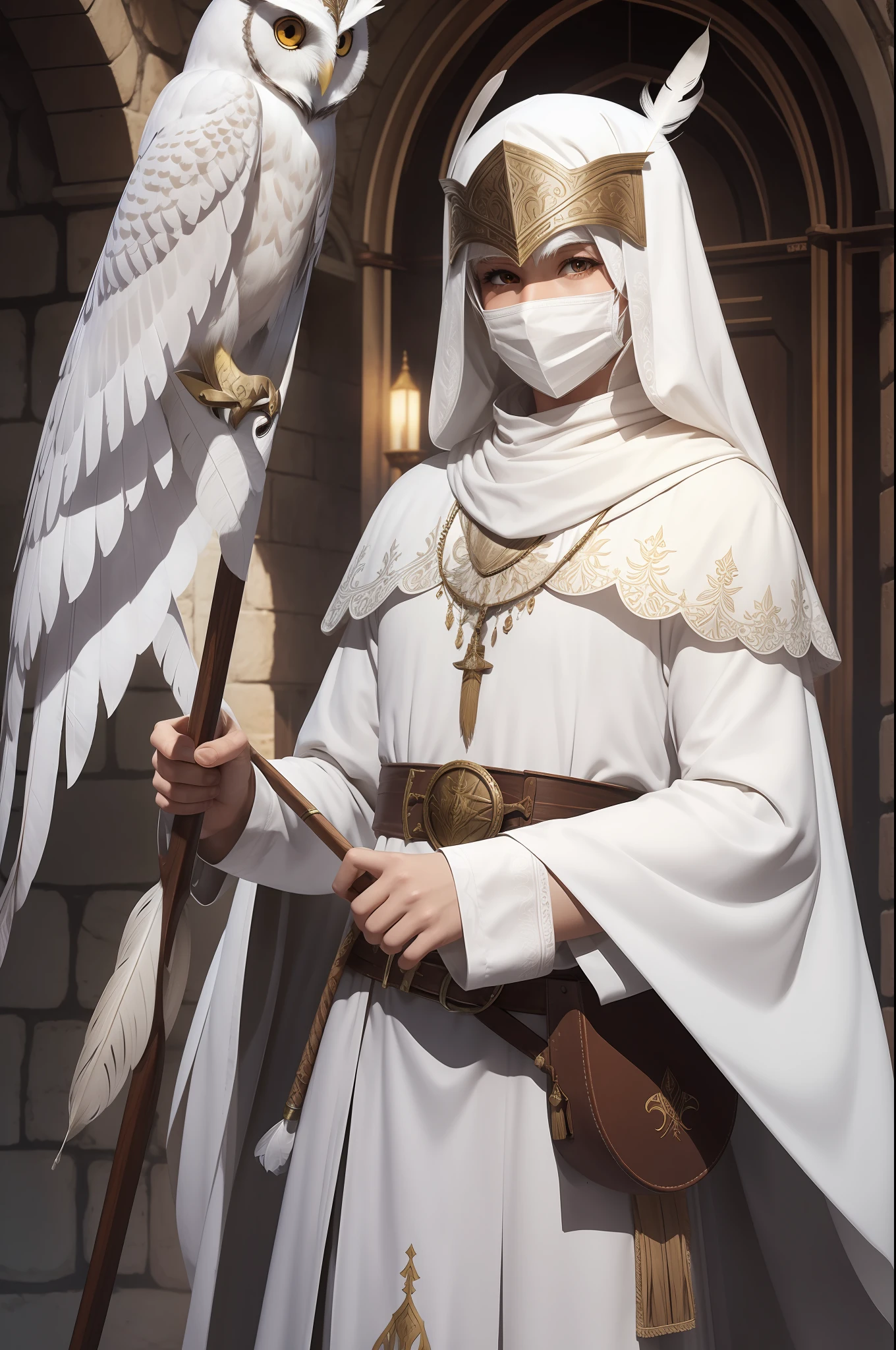 white feather owl, white theatre mask, cleric, RPG character