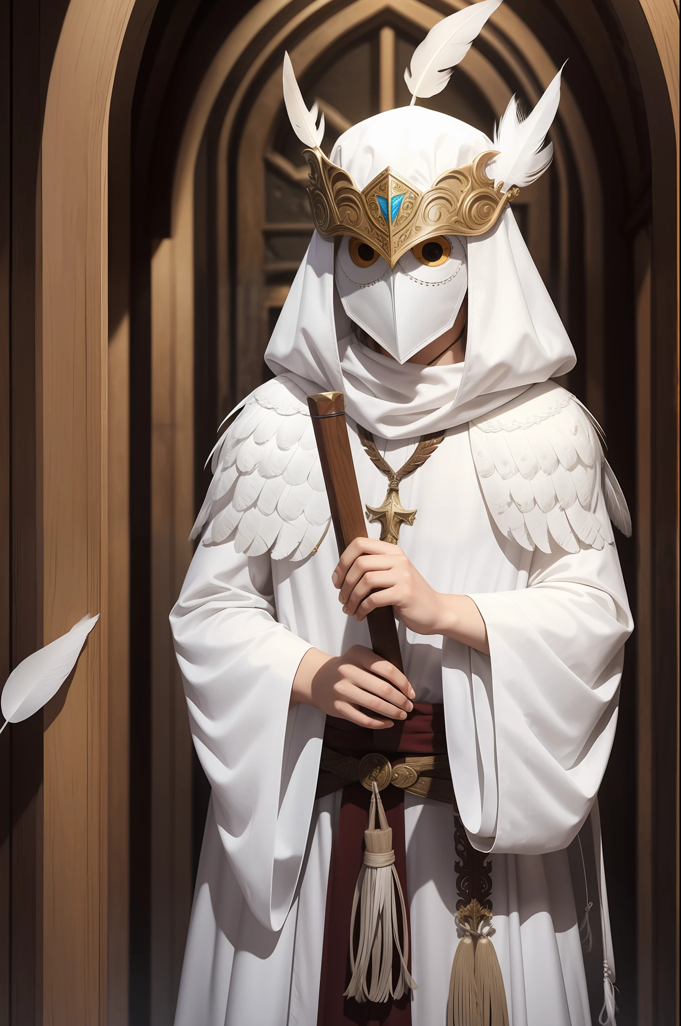 white feather owl, white theatre mask, cleric, RPG character