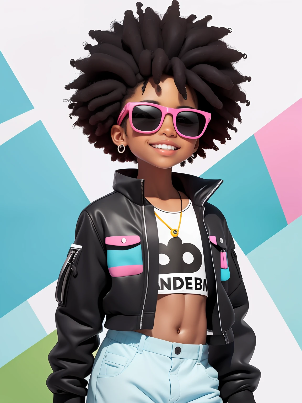 (obra-prima), (melhor qualidade), (ultra-detalhado), (corpo inteiro: 1.2) cute menino negro, sunglasses, touca, moletom preto, pants, jaqueta, blouse, sorriso claro, corpo inteiro, :3, cabelo multicolor, afro, enrolado, encaracolado, crespo moderno, Modern accessories, fundo tom pastel , colorido e simples.