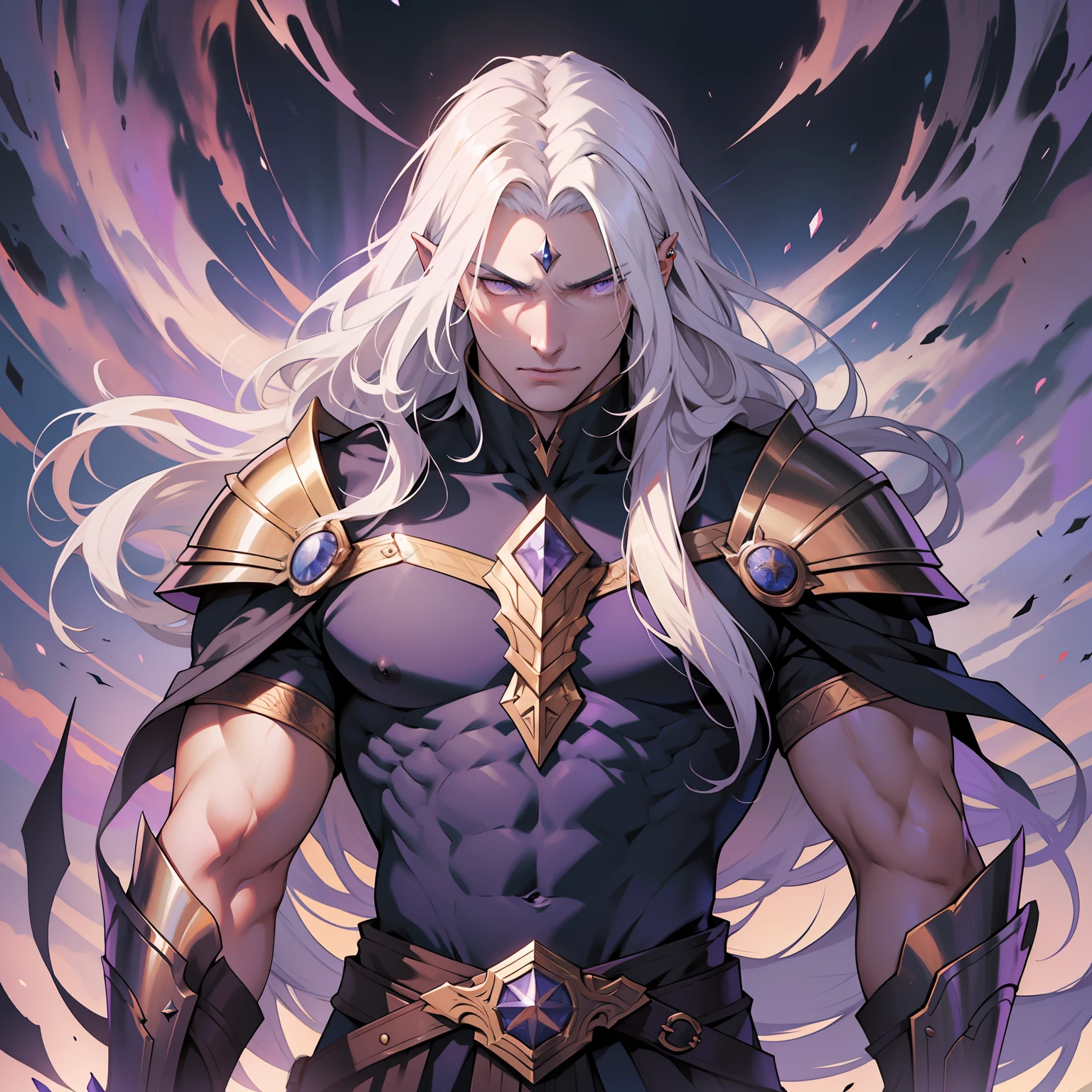 Melkor is much taller than the average human. He is around the same height as myself - and we are both fairly tall. He has shoulder length white hair, just like mine, and piercing purple eyes with sharp silver pupils. He is strong and looks every bit the warrior prince he is. His demeanor is proud and regal, he carries himself with a sense of superiority that cannot be rivaled.