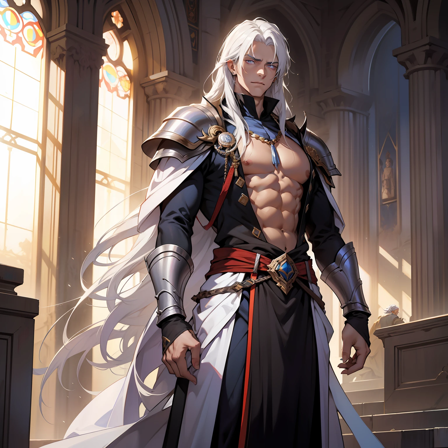 Melkor is much taller than the average human. He is around the same height as myself - and we are both fairly tall. He has shoulder length white hair, just like mine, and piercing purple eyes with sharp silver pupils. He is strong and looks every bit the warrior prince he is. His demeanor is proud and regal, he carries himself with a sense of superiority that cannot be rivaled.
