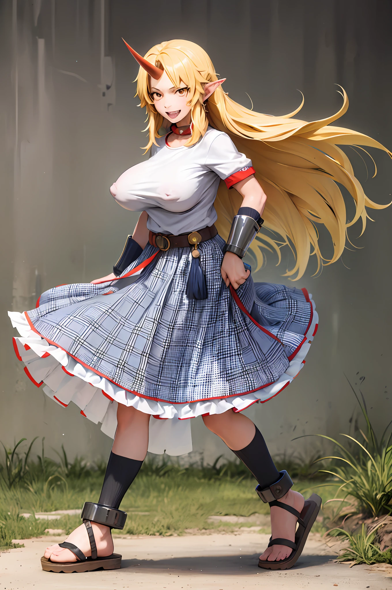 hoshiguma yuugi,1girl,single horn, pointy ears, blonde hair, long hair,yellow eyes,shackles ,white shirt,skirt,, muscle girl, huge breast,walking, single horn, long skirt, flip flops, sharpteeth, smile, tomboy,very long skirt