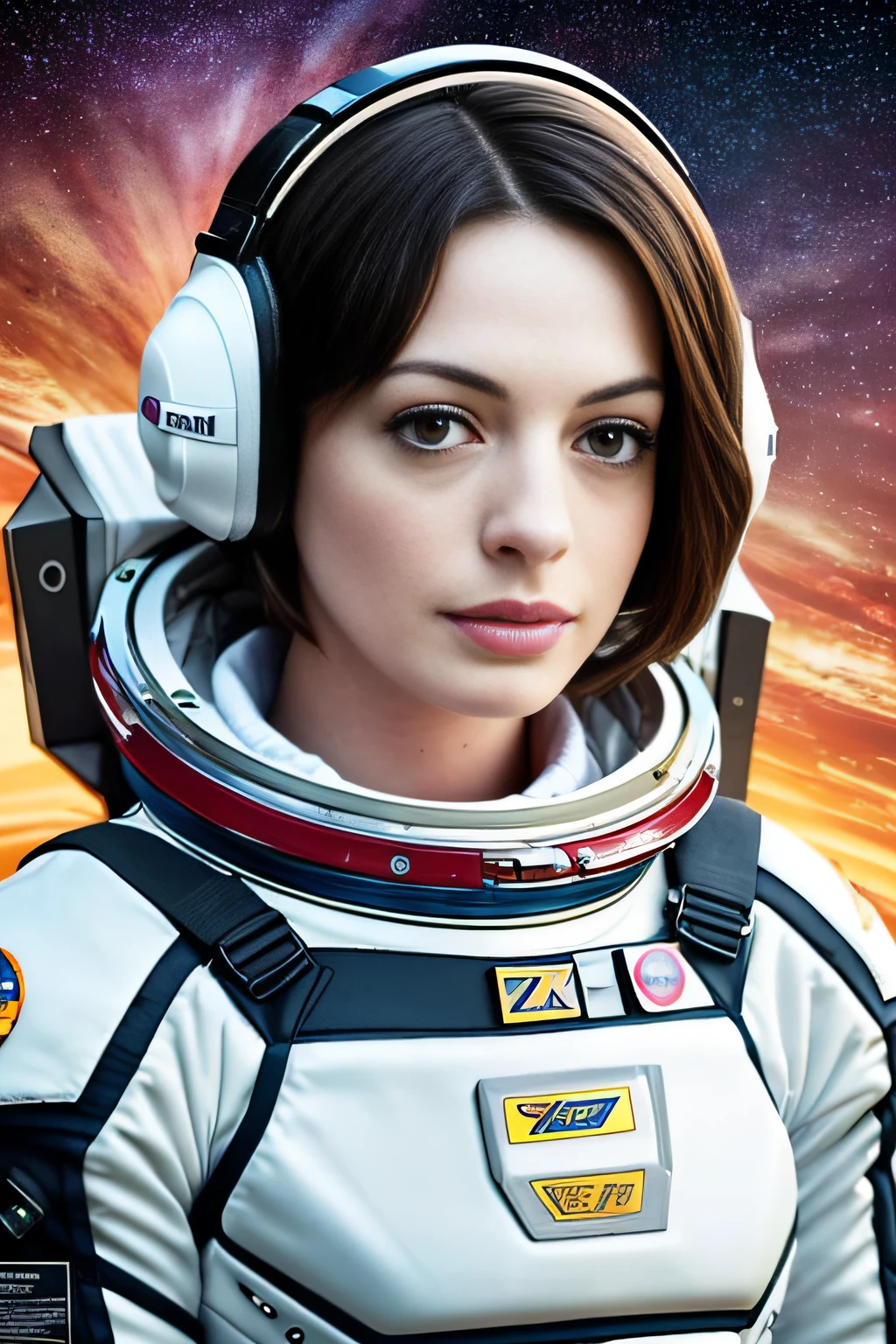 photo of beautiful Anne Hathaway as Dr. Amelia brand from the movie Interstellar, astronaut suit, (black hair), pixie cut hair, full body, without helmet, lovely woman, pretty woman, beautiful woman, stunning woman, standing in front of Space Shuttle Discovery, beautiful girl, attractive girl, pretty girl, beautiful picture, elegant makeup, sunset, style by (Steve McCurry), Nikon Z FX Device, lens EF 70mm, cinematic lighting, studio backdrop, style long exposure, long shot type, vibrant color scene, photorealistic, intrinsic, beautiful face, ultra-detailed face, perfect body, (((full body))), Flawless, realistic, highly detailed, art station, trend, master piece, realistic face, realistic skin, detailed eyes, great art, ultra realistic n-9 render, 4k, 8k, 16k, 20K, HDR, UHD, 64k, perfect lighting, studio lighting, photorealistic, hyper realistic, symmetrical face, unreal engine, Bokeh, High resolution scanning, professional photography