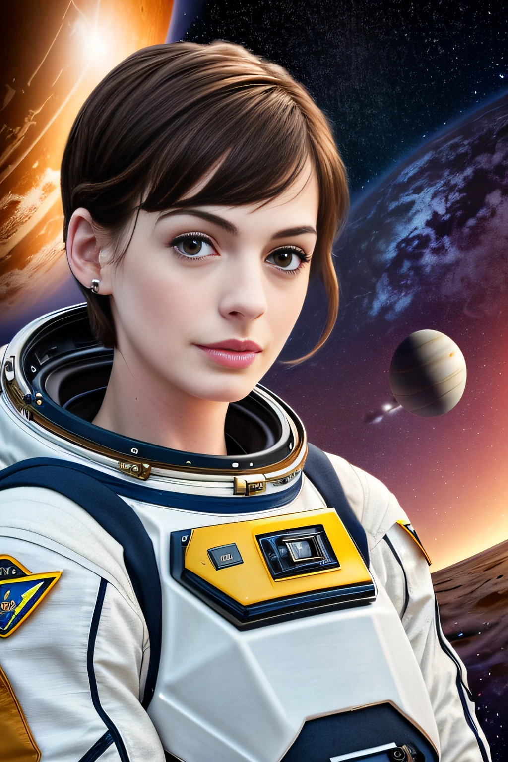 photo of beautiful Anne Hathaway as Dr. Amelia brand from the movie Interstellar, astronaut suit, (black hair), pixie cut hair, full body, without helmet, lovely woman, pretty woman, beautiful woman, stunning woman, standing in front of Space Shuttle Discovery, beautiful girl, attractive girl, pretty girl, beautiful picture, elegant makeup, sunset, style by (Steve McCurry), Nikon Z FX Device, lens EF 70mm, cinematic lighting, studio backdrop, style long exposure, long shot type, vibrant color scene, photorealistic, intrinsic, beautiful face, ultra-detailed face, perfect body, (((full body))), Flawless, realistic, highly detailed, art station, trend, master piece, realistic face, realistic skin, detailed eyes, great art, ultra realistic n-9 render, 4k, 8k, 16k, 20K, HDR, UHD, 64k, perfect lighting, studio lighting, photorealistic, hyper realistic, symmetrical face, unreal engine, Bokeh, High resolution scanning, professional photography