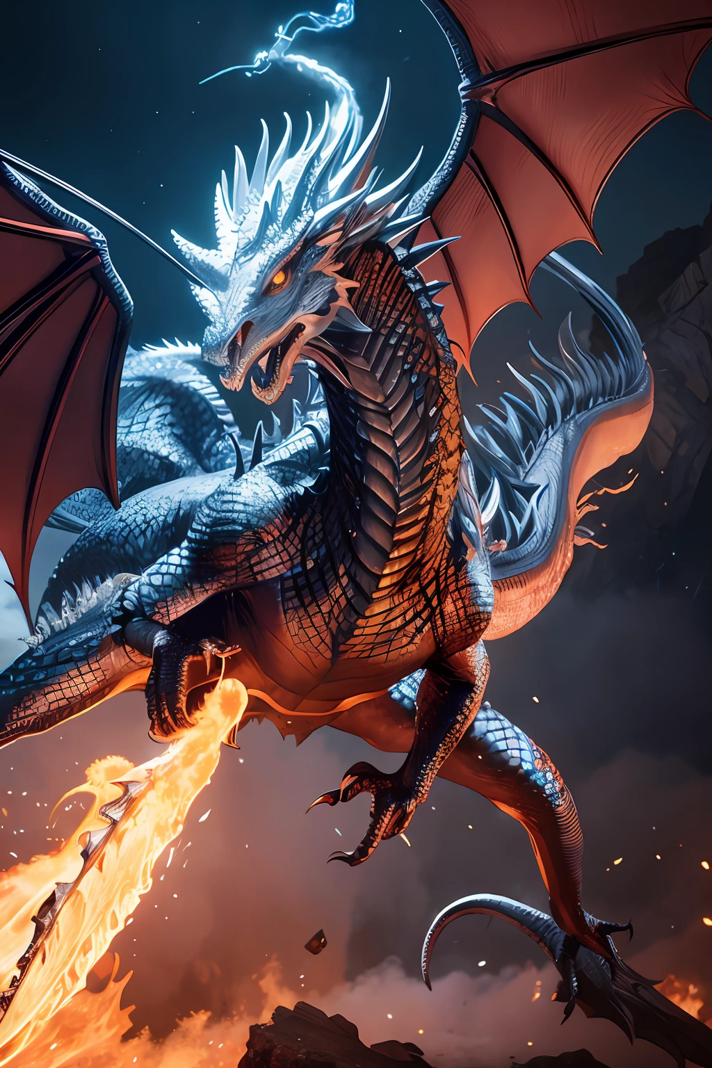 Silver colored dragon releasing flames Hyper-realistic D & d fantasy art, realistic fantasy illustration, d & D Arte Digital Fantasia, Arte de fantasia hiperrealista, arte fantasia behance, Arte de fantasia 4k, arte de fantasia realista.