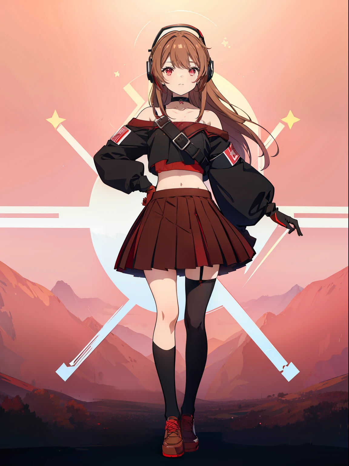 ((Masterpiece, highest quality)), (Best Picture:1.2), (Best Quality:1.3),finely detail, full body, Standing, detailed face, full of details, highly detailed, depth, 1girl, girl in a skirt and headphones, :3, long hair, bangs, multicolored hair, two-tone hair, gradient hair, [[brown hair]], brown hair with pink tips, [[[[[[pink hair]]]]]], black crop top, red skirt, pleated skirt, gloves, stockings, red shoes, black choker, red eyes, star (symbol), star-shaped pupils