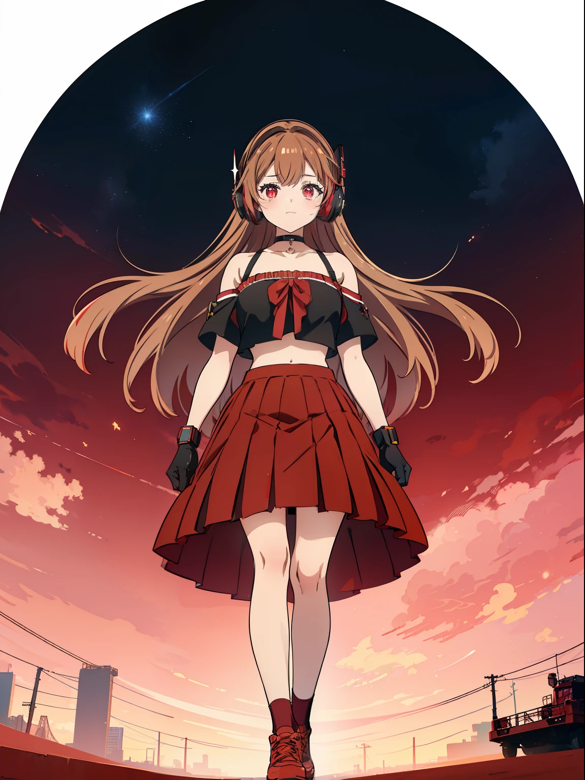 ((Masterpiece, highest quality)), (Best Picture:1.2), (Best Quality:1.3),finely detail, full body, Standing, detailed face, full of details, highly detailed, depth, 1girl, girl in a skirt and headphones, :3, long hair, bangs, multicolored hair, two-tone hair, gradient hair, [[brown hair]], brown hair with pink tips, [[[[[[pink hair]]]]]], black crop top, red skirt, pleated skirt, gloves, stockings, red shoes, black choker, red eyes, star (symbol), star-shaped pupils