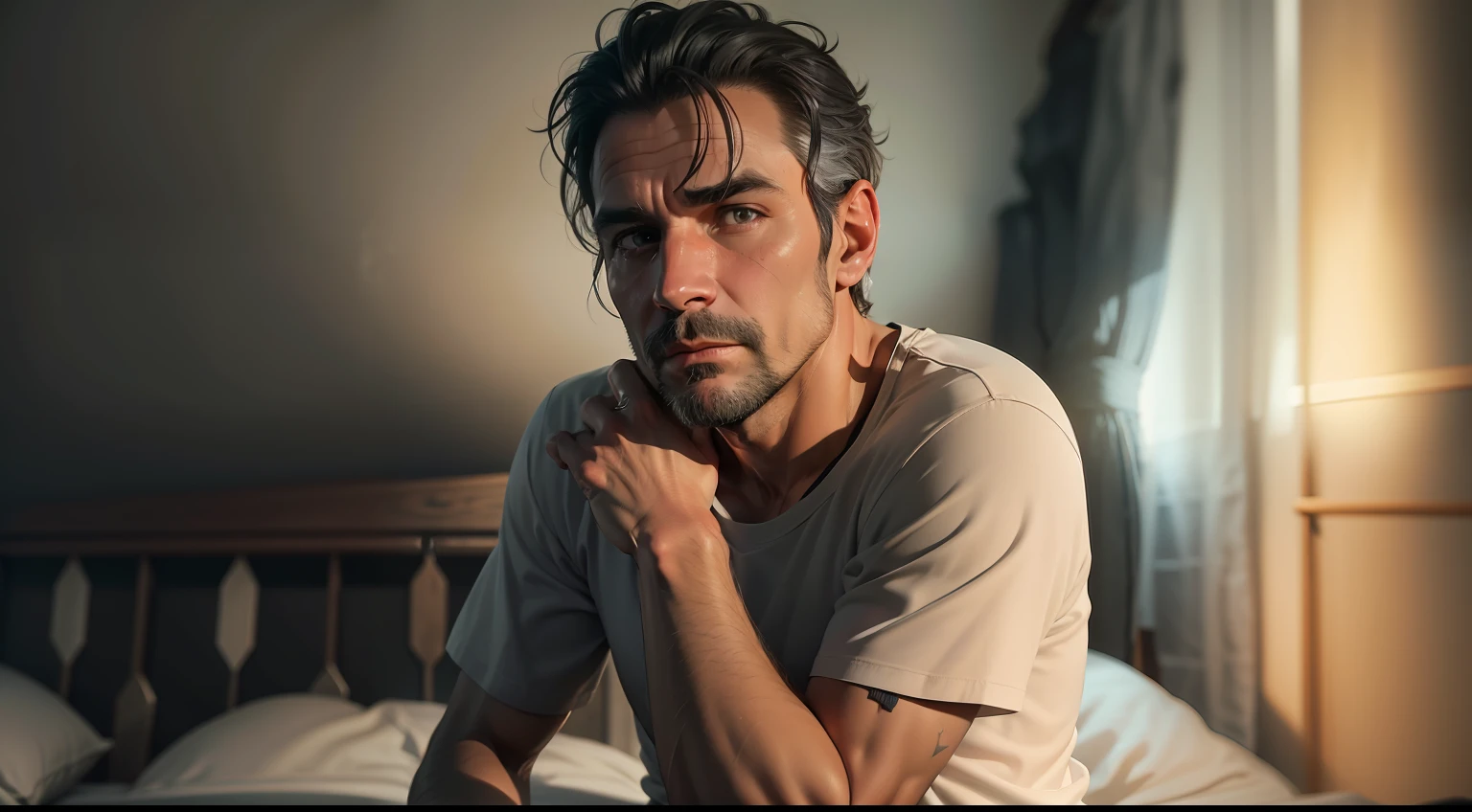ultra-realistic 8k image of a 37-year-old man, short black and gray hair, sitting on a bed in a bedroom in a farmhouse, dressed in a white T-shirt and black shorts, scared, forehead streaked with sweat, night