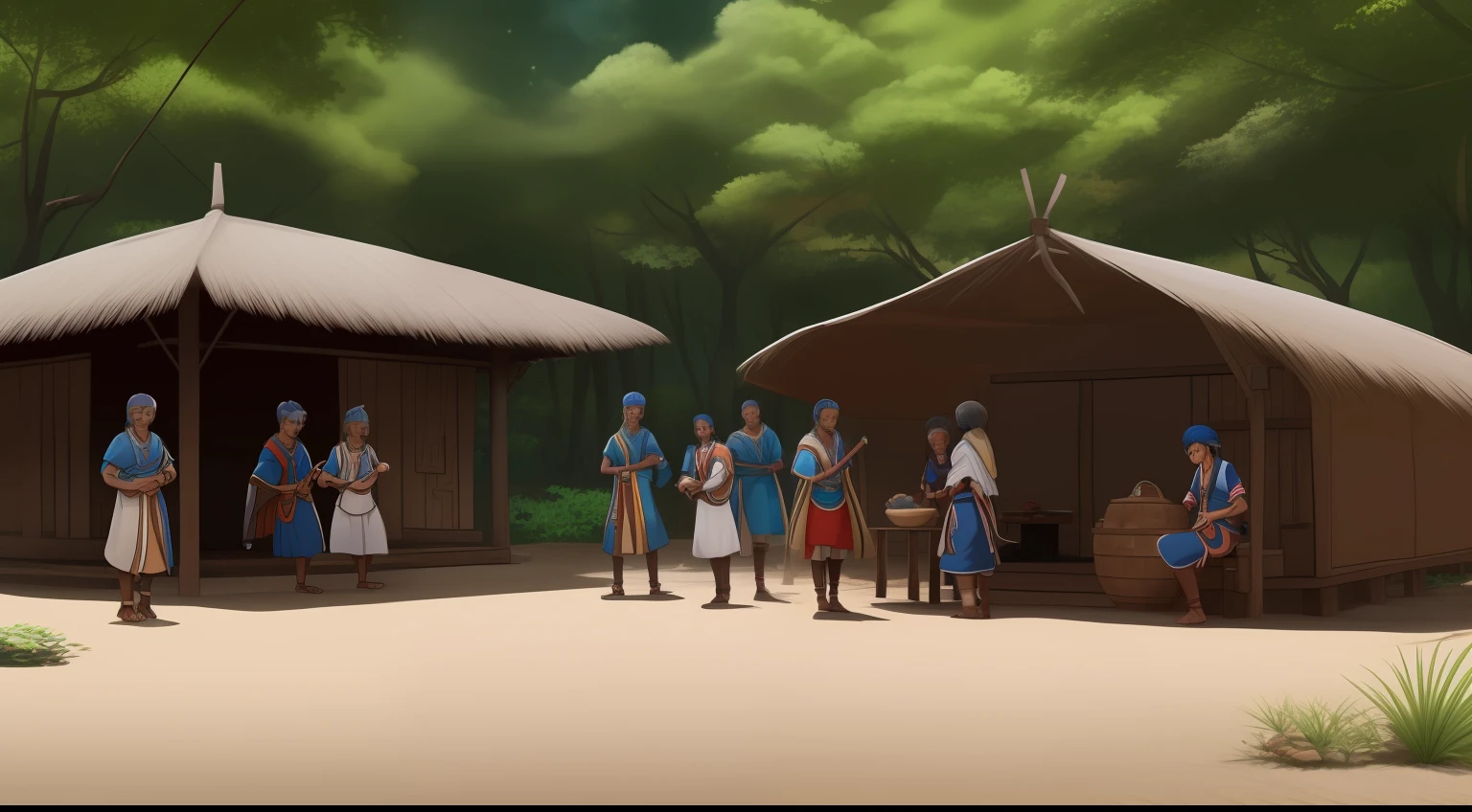 Joy of the people of an Avatar village next to four heroes