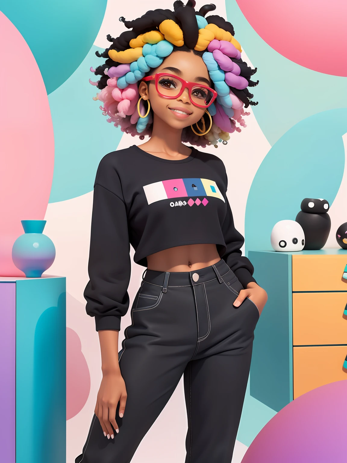 (obra-prima), (melhor qualidade), (ultra-detalhado), (corpo inteiro: 1.2) cute negro, Eyeglasses, touca, moletom preto, pants, jaqueta, blouse, sorriso claro, corpo inteiro, :3, cabelo multicolor, afro, enrolado, encaracolado, crespo moderno, Modern accessories, fundo tom pastel , colorido e simples.