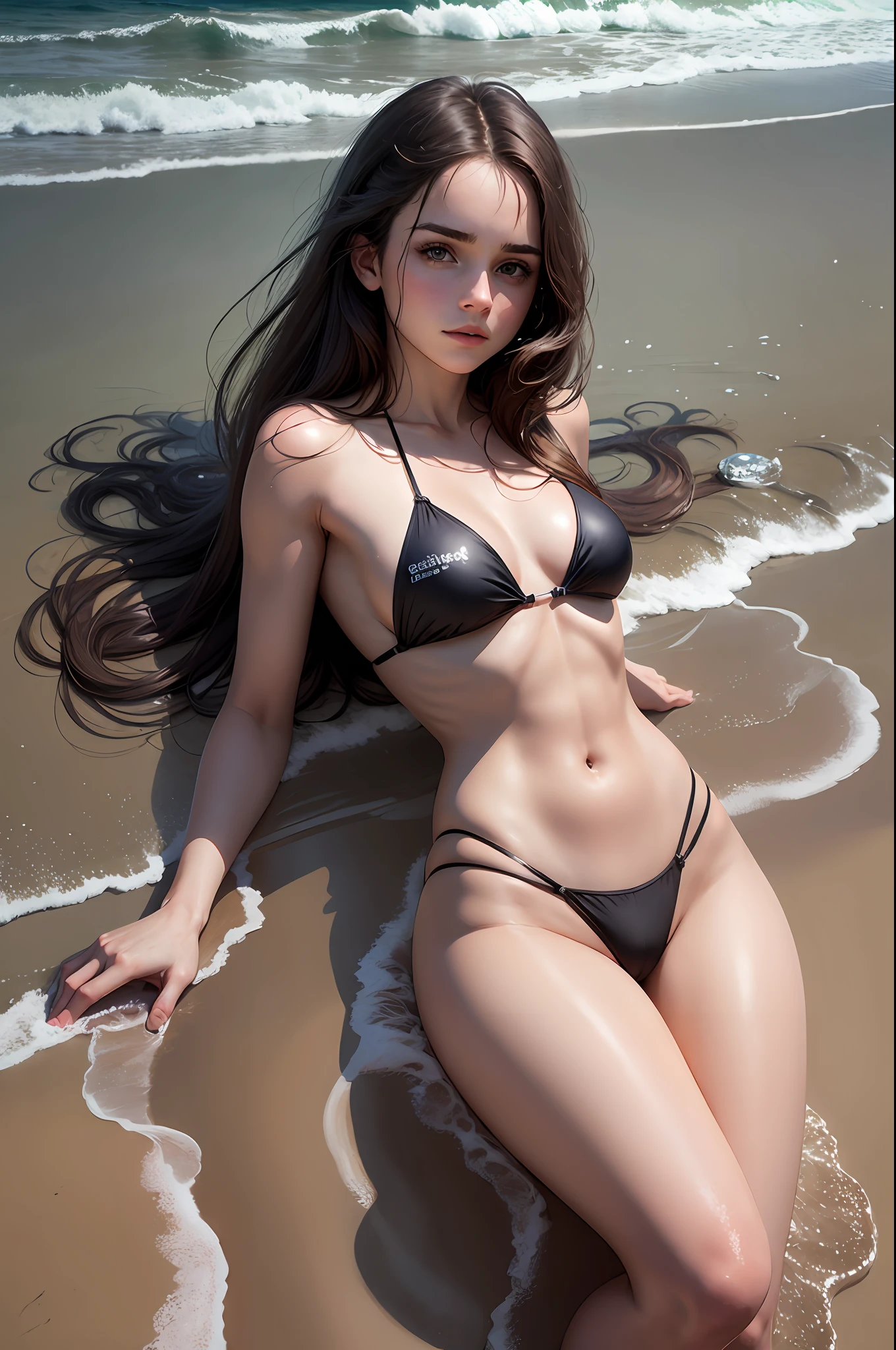 masterpiece. Teen emma watson at the beach. long hair. Detailed bikini. Defined body. Slender. Small breasts. background ocean. looking back at the camera.