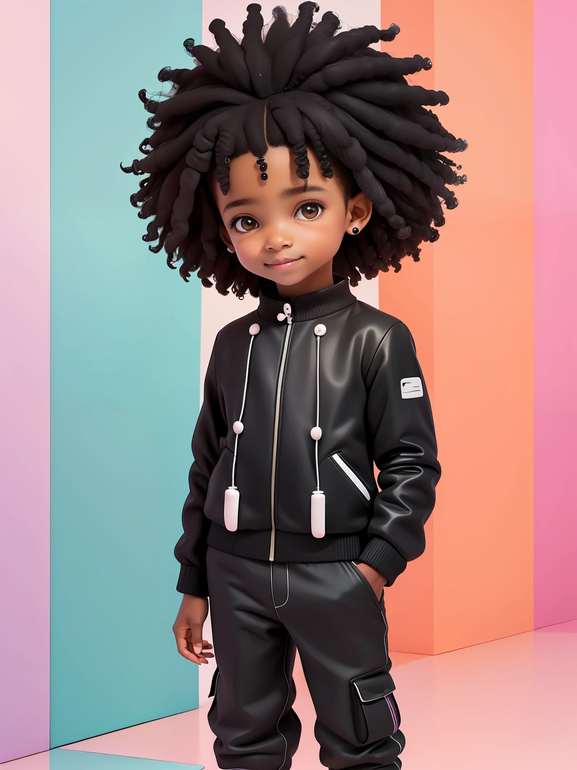(obra-prima), (melhor qualidade), (ultra-detalhado), (corpo inteiro: 1.2) cute boy negro, touca, moletom preto, pants, jaqueta, blouse, sorriso claro, corpo inteiro, :3, cabelo multicolor, afro, enrolado, encaracolado, crespo moderno, Modern accessories, fundo tom pastel , colorido e simples.