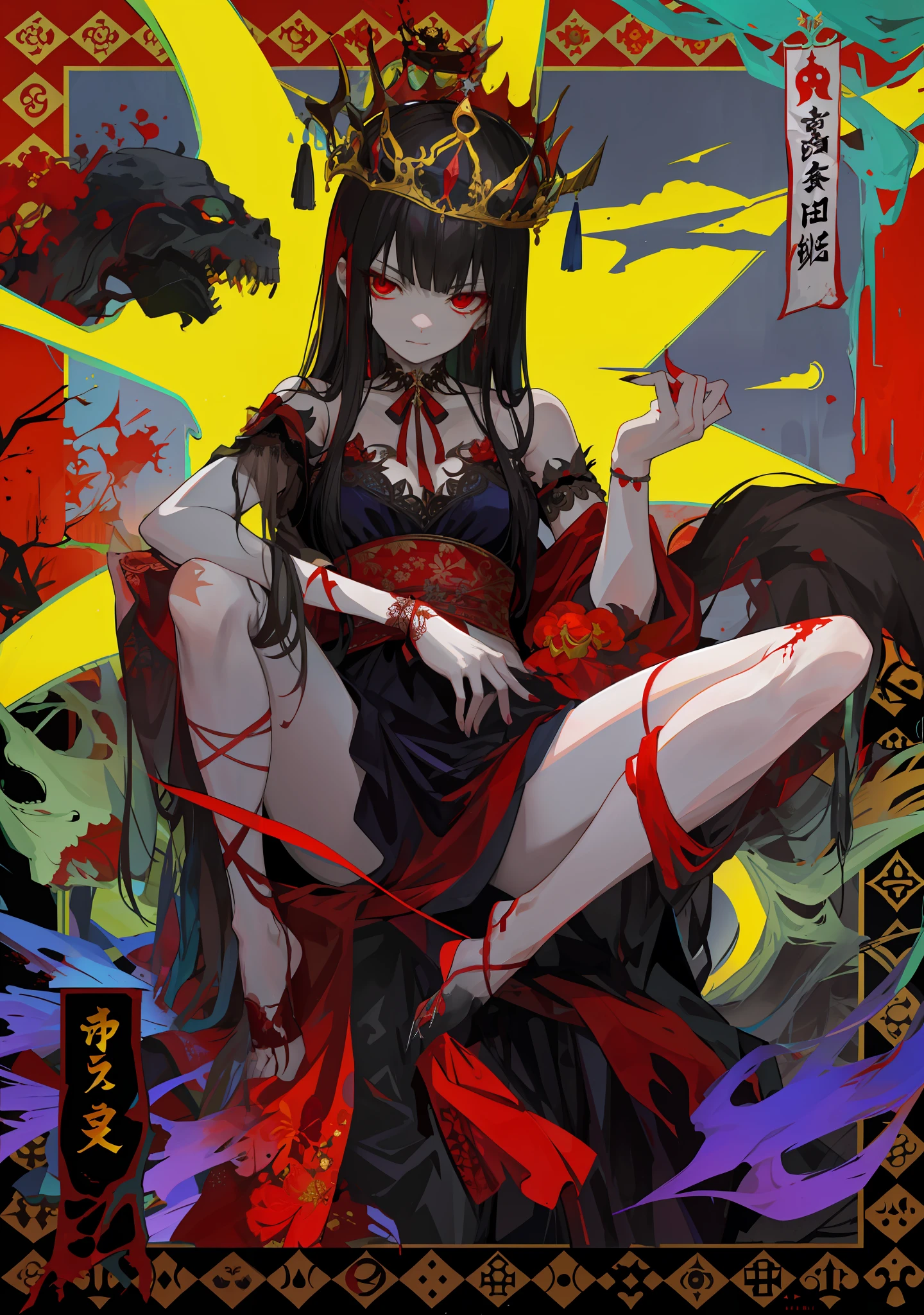A magnificent poster,With a disturbing bloody atmosphere,The bare shoulders and neck are beautiful,A streamer is tied around the arm,Ornate ornaments on the wrists and ankles,Wear a crown。scary queen of death