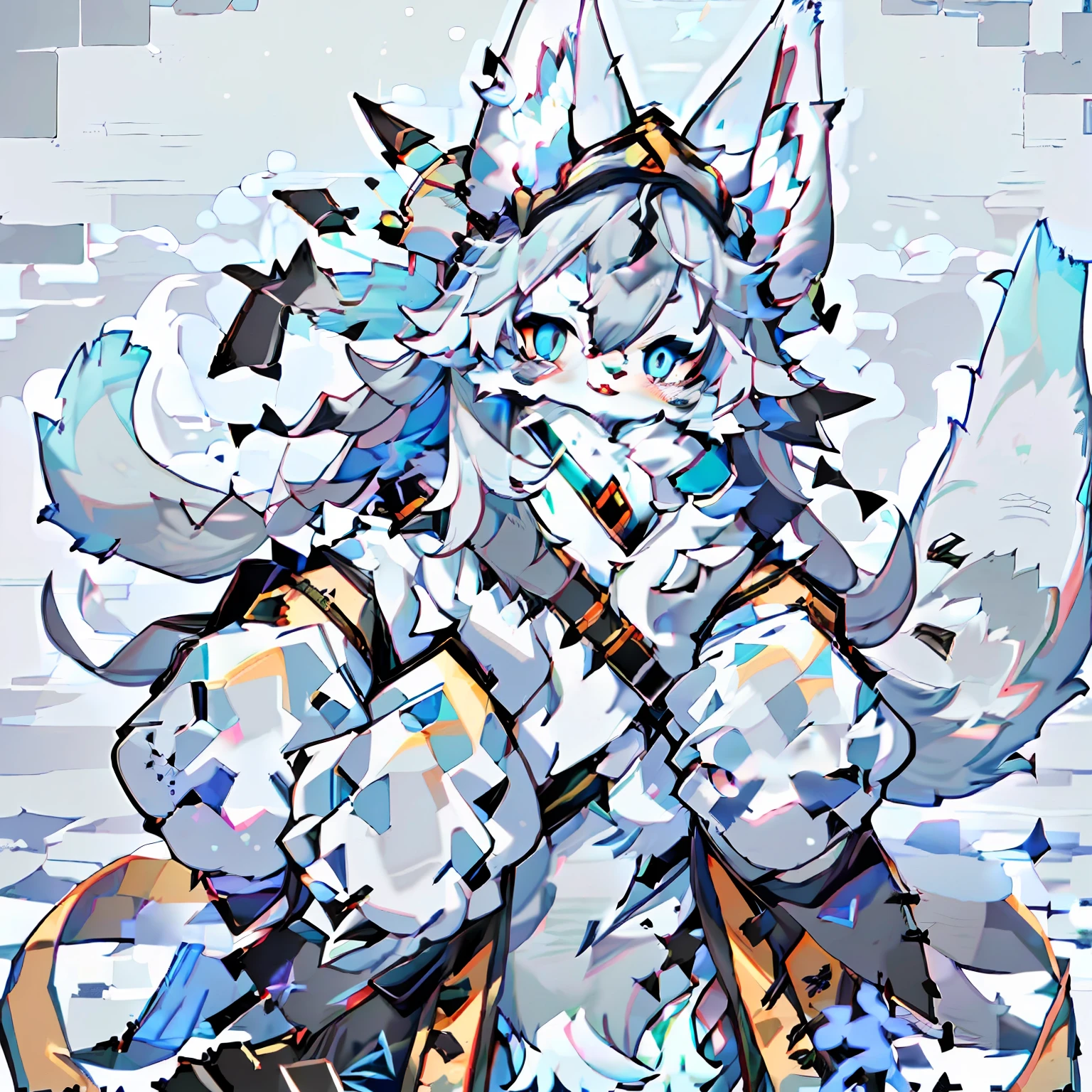 (Best picture quality), (tmasterpiece), ((solo person)),(ultra - detailed), (hairy pubic), Furry,(Female arctic fox:1.5), (gray colored skin:1.3), (Fluffy tail:1.2), (Golden-blue eyes), (The paws of an arctic fox), (grey ears), ,tack sharp focus,(Furry Animal Ears),long whitr hair,furry paw,high-definition picture quality,Female orcs,Long hair