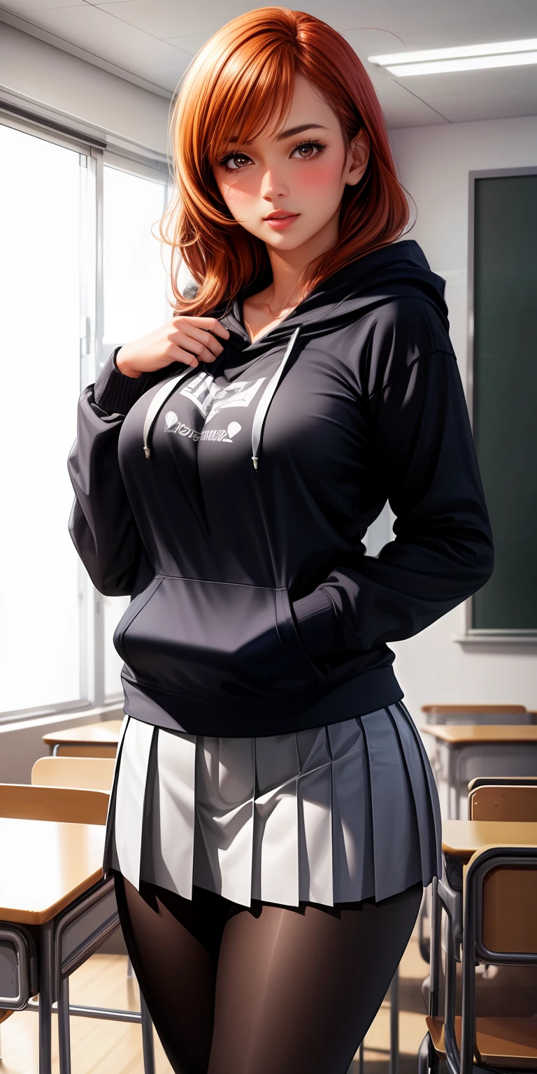 best quality, ultra high res, classroom, (photorealistic:1.4), 1girl, dark tan skin, blush, ginger hair, hoodie, pleated skirt, pantyhose